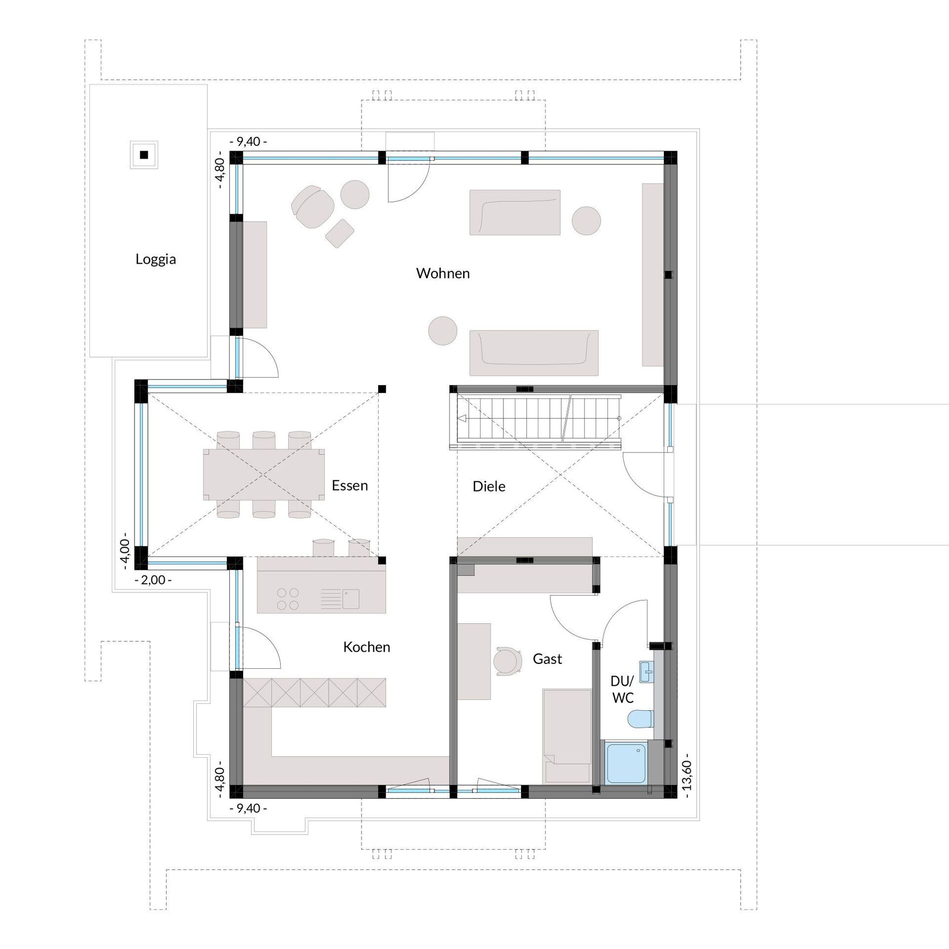 Flächenverteilung im Architektenhaus mit Wohn- und Essbereichen