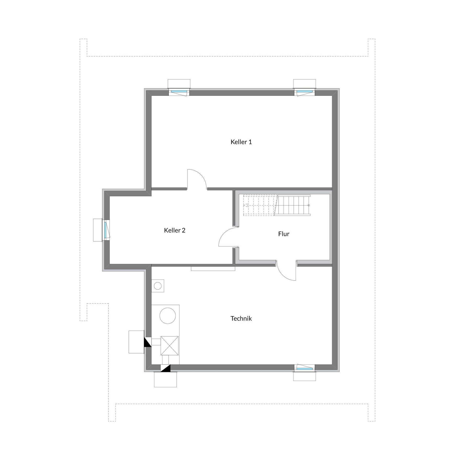 Detaillierter Grundriss eines Architektenhauses mit Keller und Technikraum