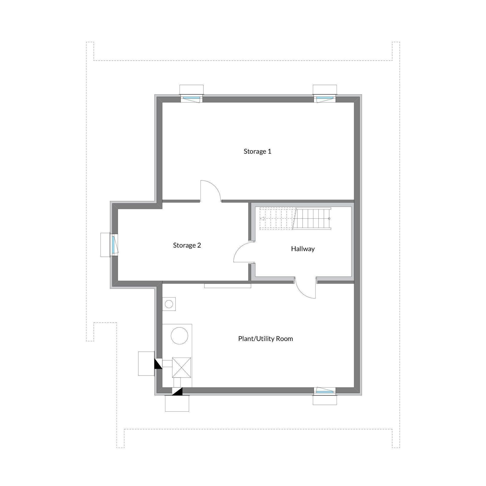 Grundriss eines Architektenhauses Layout mit Flur, Lagerräumen und Technikraum.