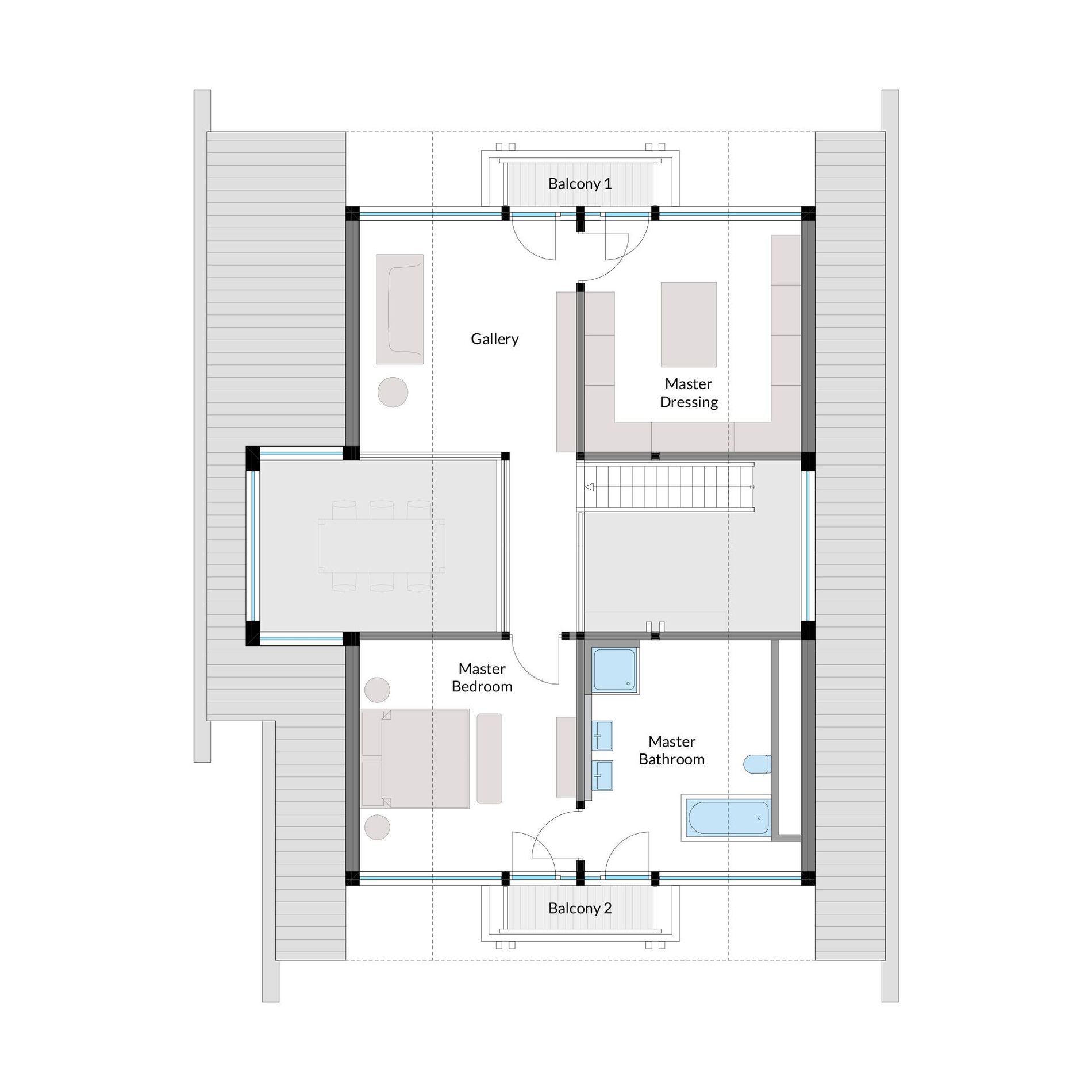 Architektenhaus Grundriss mit Balkonen Detaillierter Grundriss eines modernen Architektenhauses