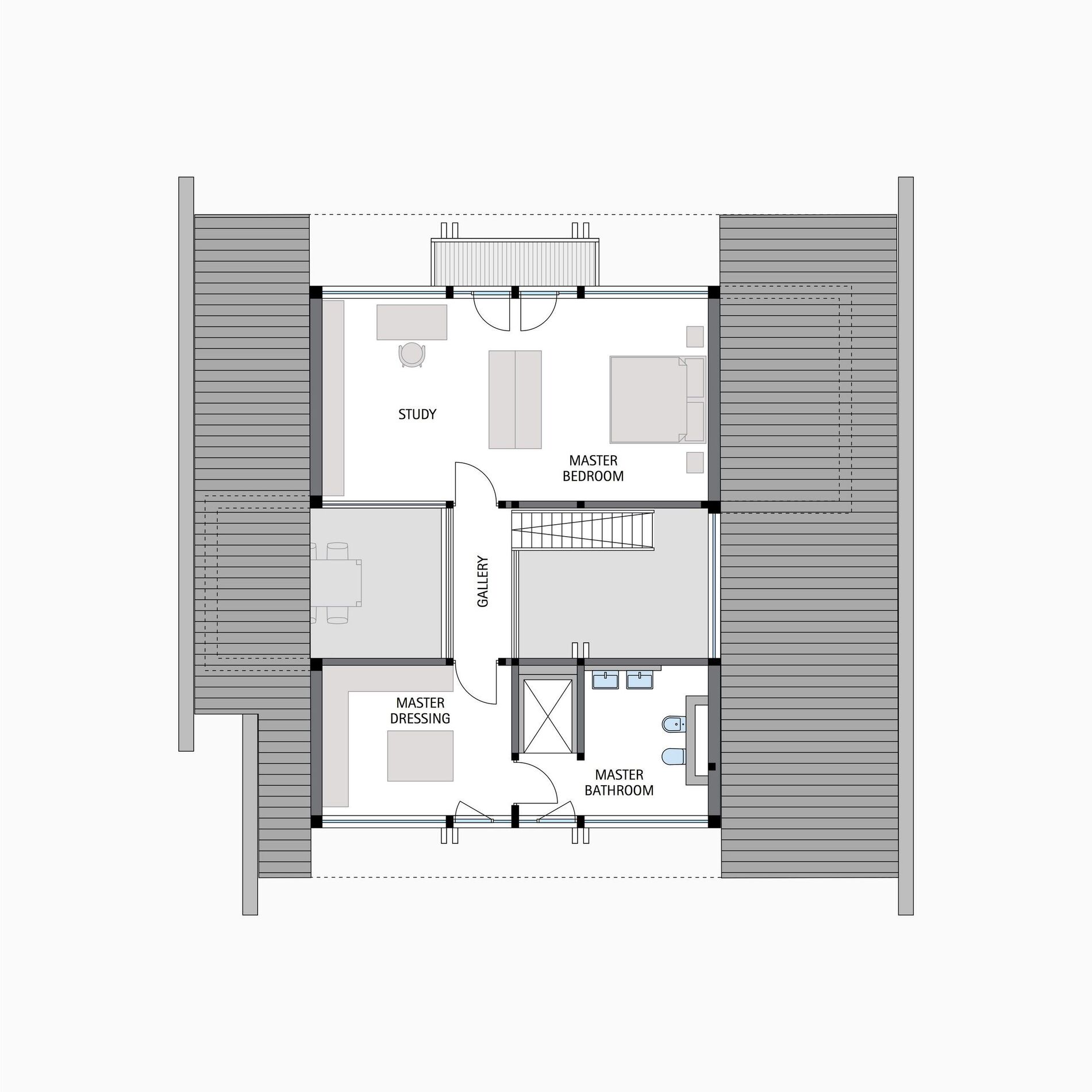 Moderne Holz- und Glashaus Grundriss Design Grundriss eines Fachwerkhauses mit Schlafzimmer, Bad und Arbeitszimmer