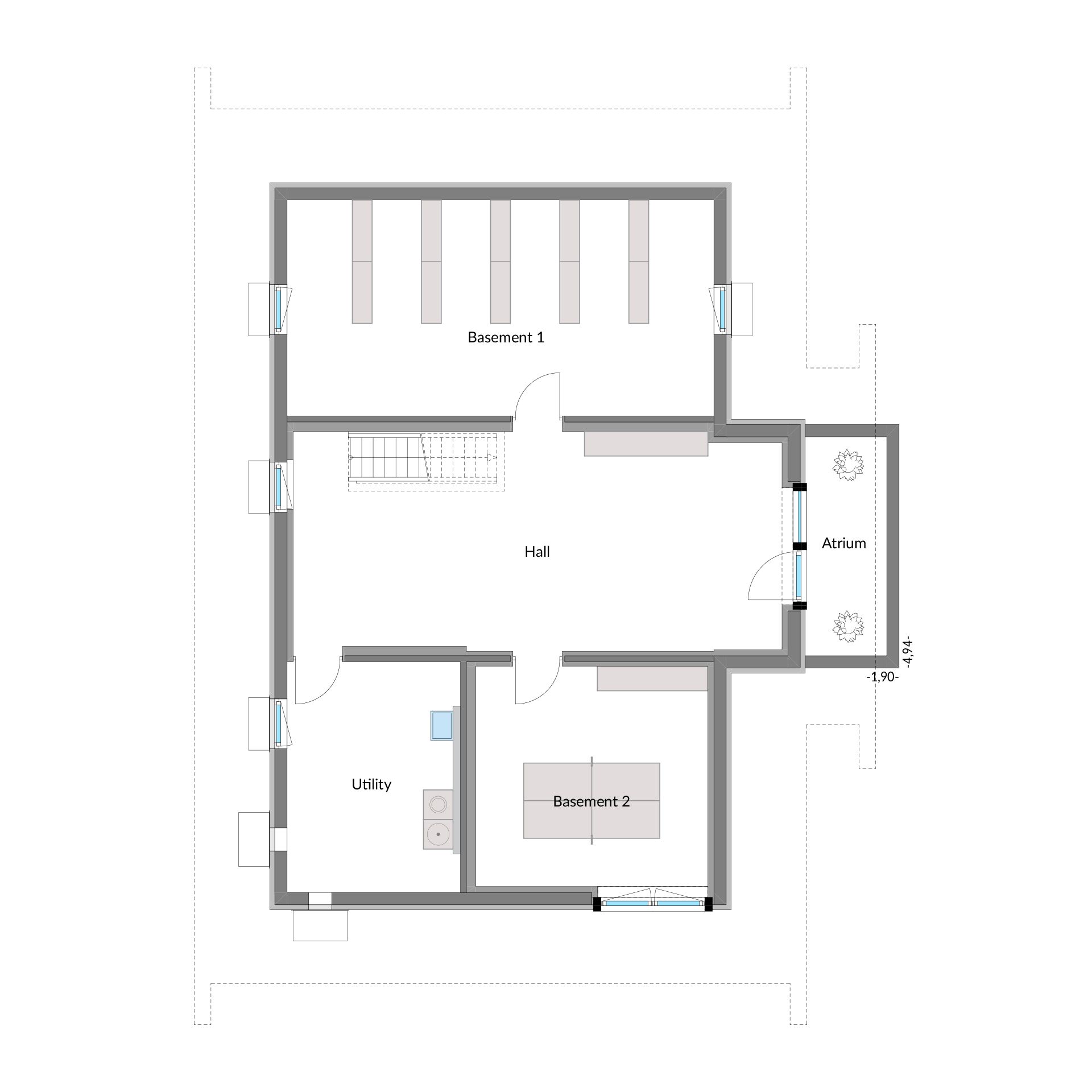 Grundriss eines stilvollen Architektenhauses Detailierter Grundriss des HUF Hauses ART 3 mit Atrium und Kellerräumen