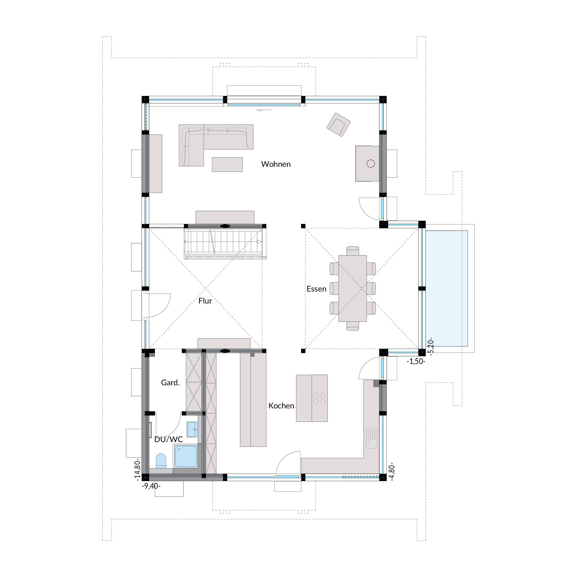 Grundriss des HUF Hauses ART 3 mit modernen Designmöbeln und Fachwerkarchitektur