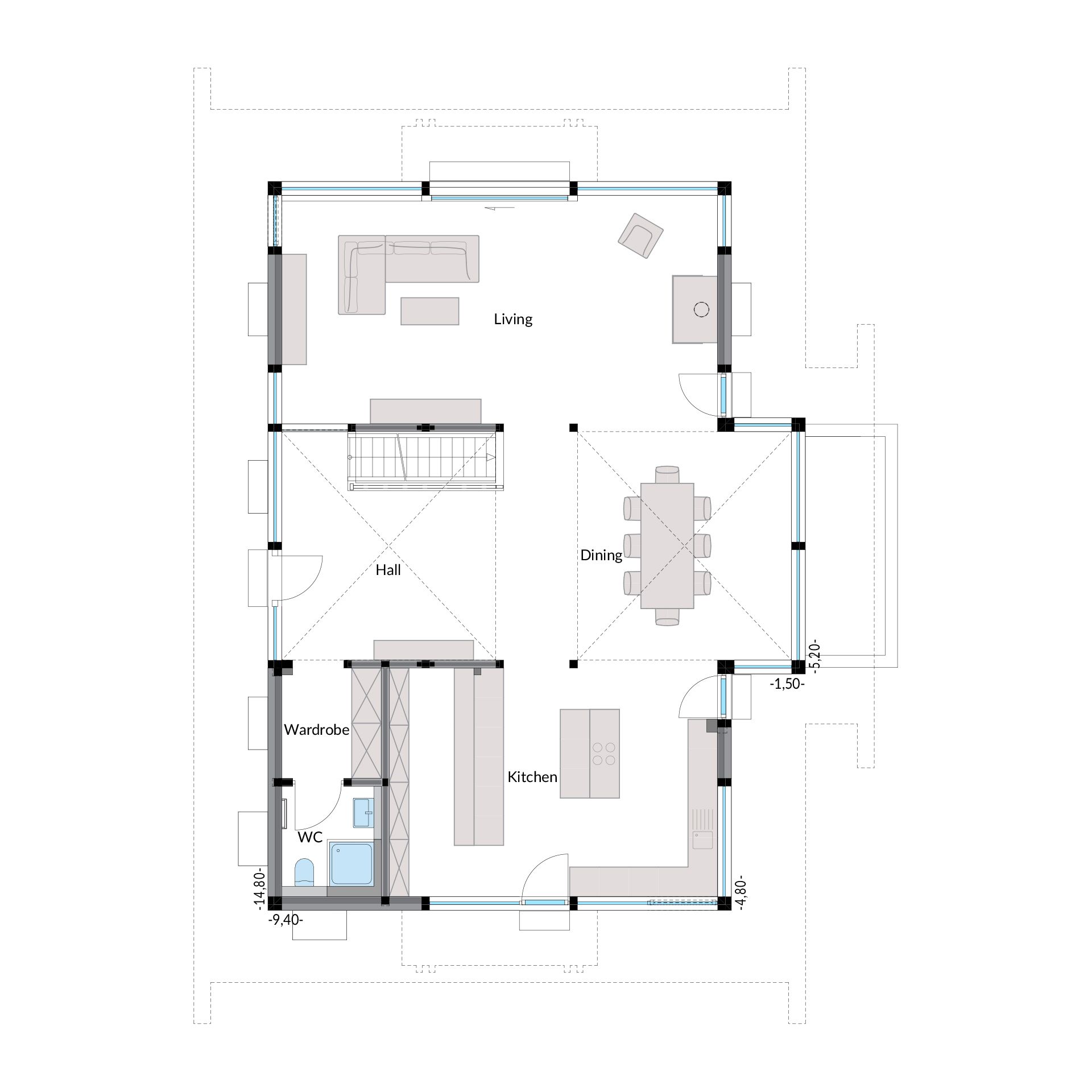 Grundriss des HUF Hauses ART 3 Details des Wohnraums mit Küche, Essbereich und WC im HUF Haus ART 3