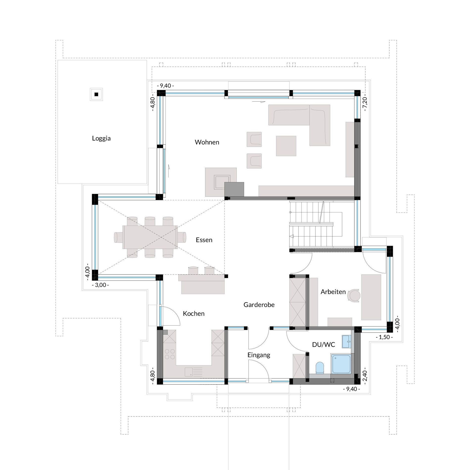 Detailierter Architekturplan mit Wohn-, Ess- und Arbeitsbereich