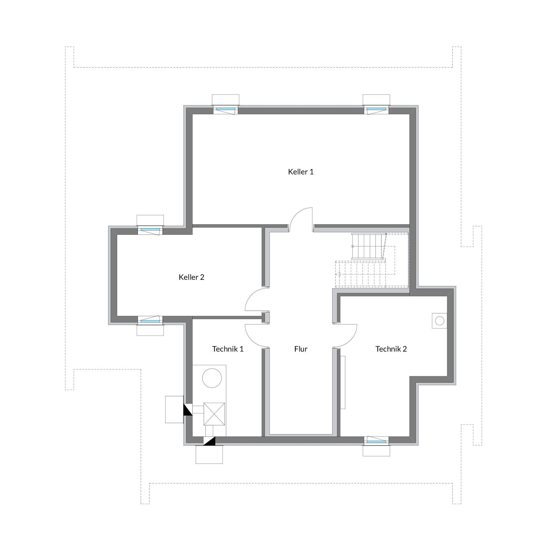 Grundriss eines modernen Hauses mit Keller- und Technikbereichen
