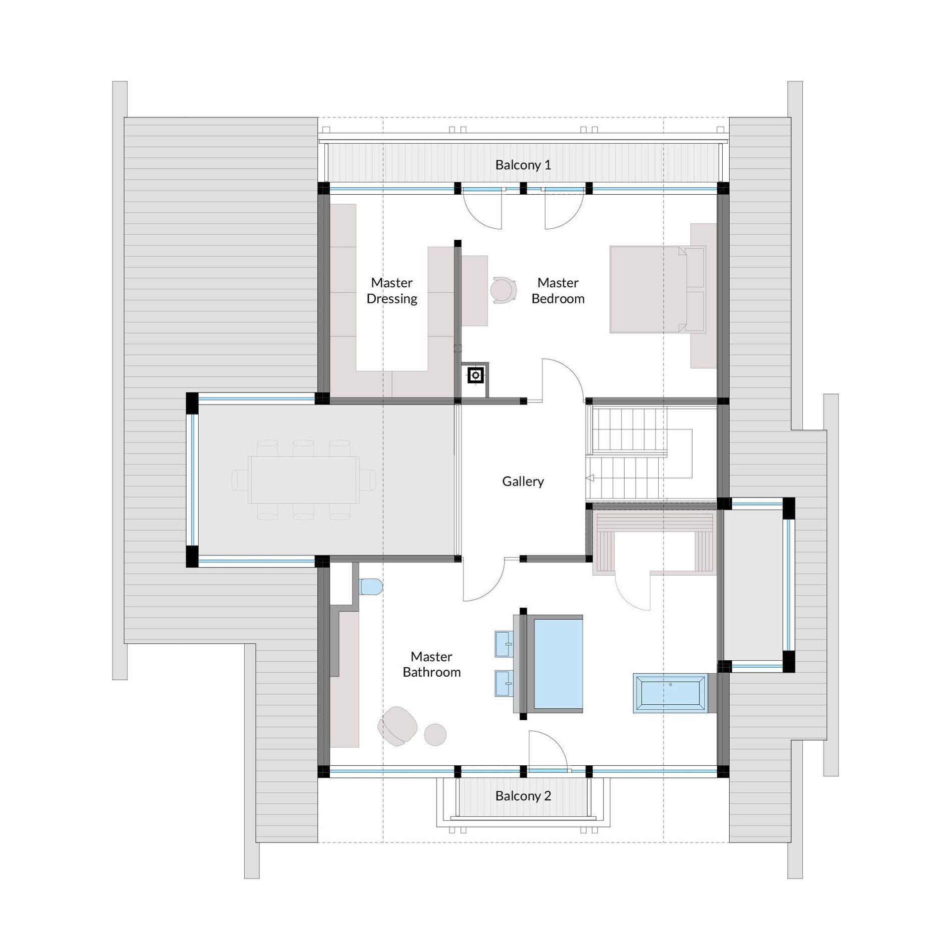 Architekturgrundriss eines modernen Hauses Detailierter Grundriss zeigt Schlafzimmer, Bäder und Balkone