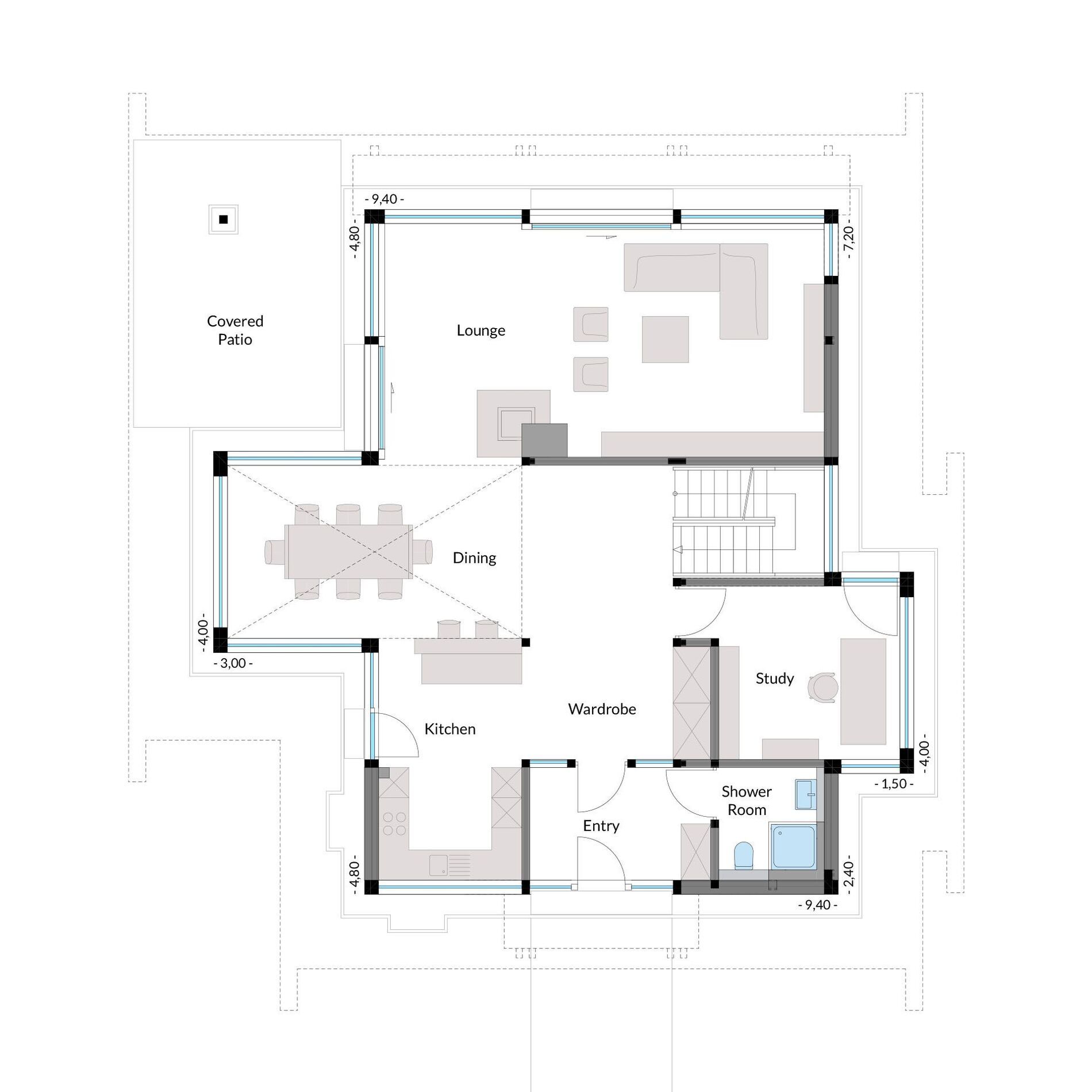 Haus Grundriss mit Garten und Aussicht Transparente Architektur mit Blick auf Hügel und See