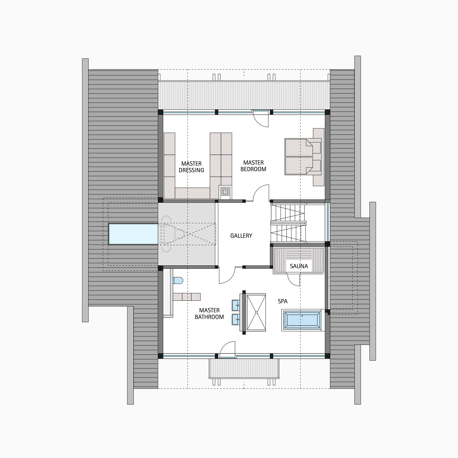 Architekturplan mit Schlafzimmer, Galerie und Terrassengarten