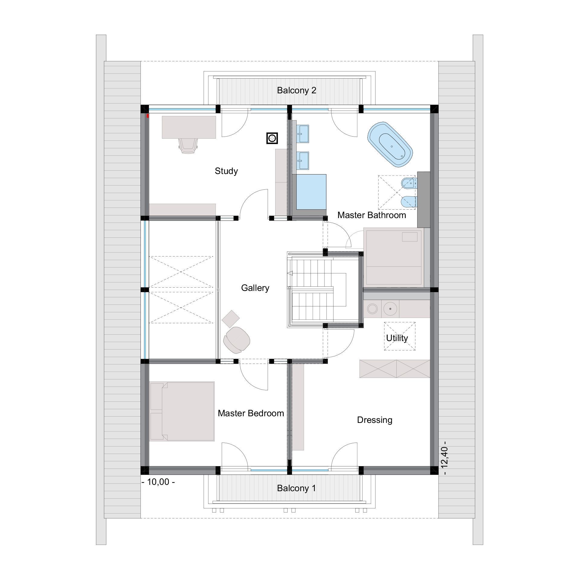 Modernes Architektenhaus mit gemütlichem Design und Garten Grundriss eines modernen Hauses mit Balkon, Schlafzimmer und Bibliothek