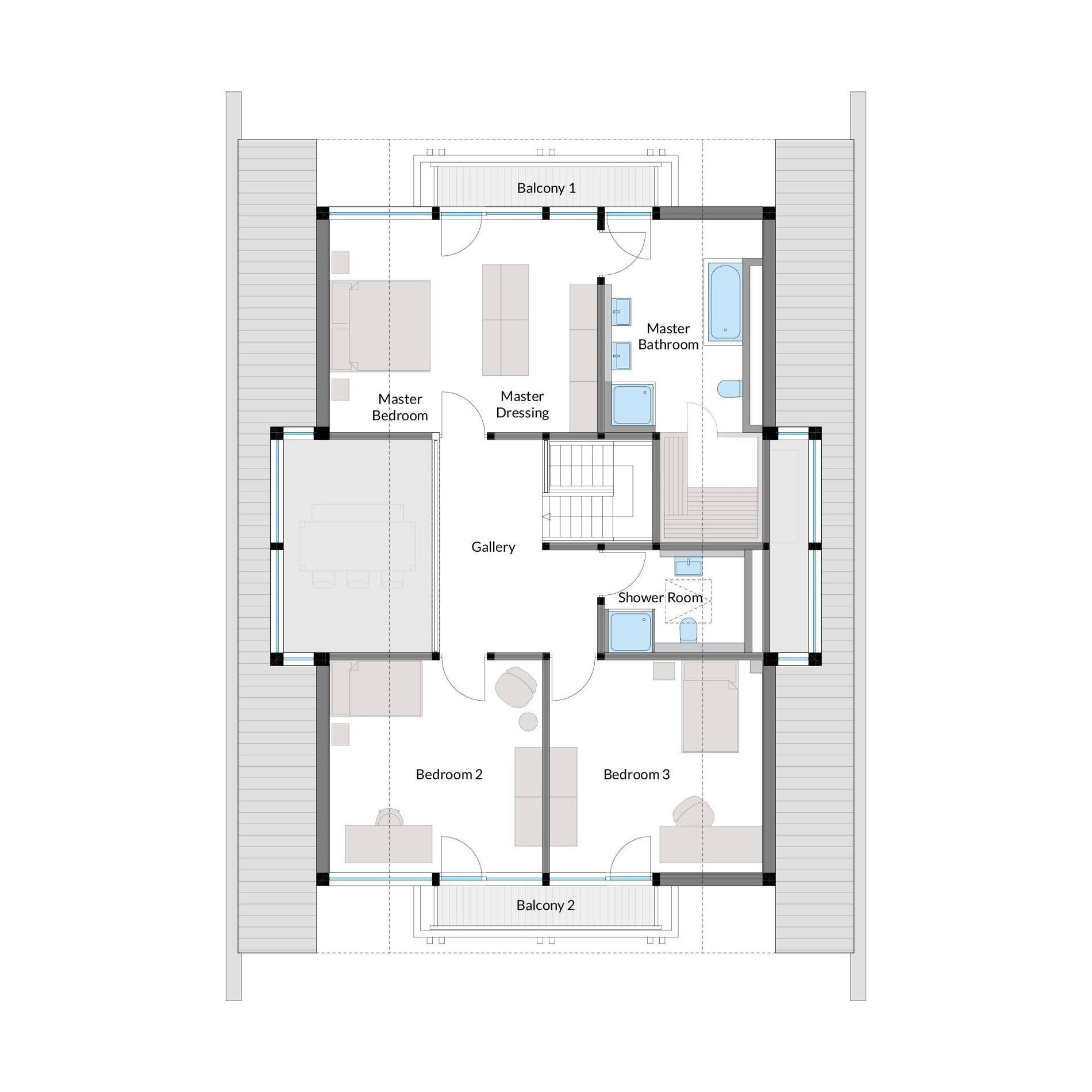 Bodenplan eines modernen HUF Hauses Detailierter Grundriss mit Schlafzimmern und Balconys eines Fachwerkhauses