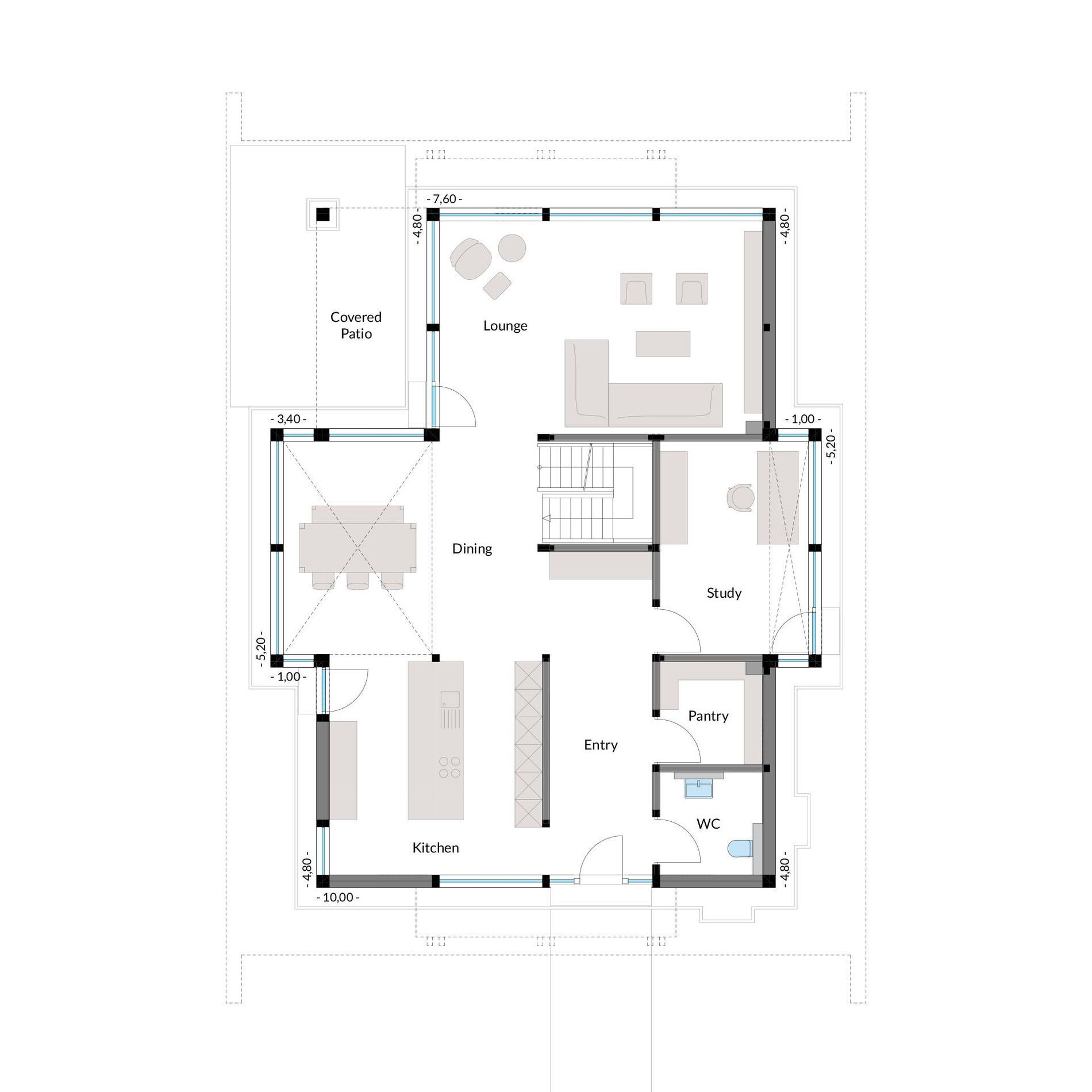 Moderne HUF Haus Grundriss mit großzügigem Wohnraum Detaillierter Grundriss eines modernen Fachwerkhauses mit Lounge, Küche und mehr.