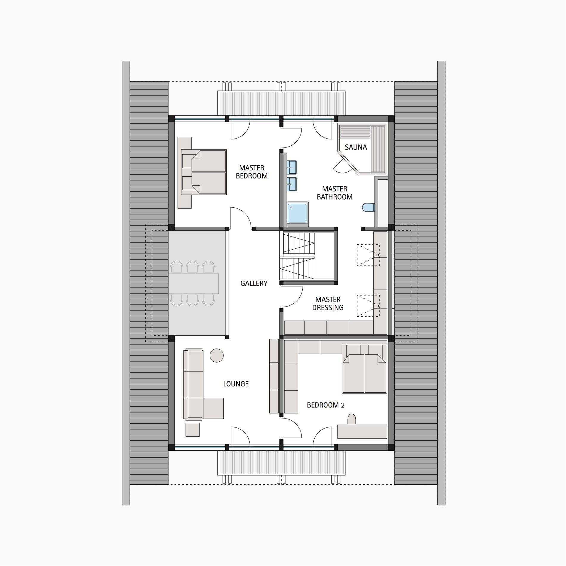 Grundriss eines modernen Fachwerkhauses mit Sauna und Schlafzimmern