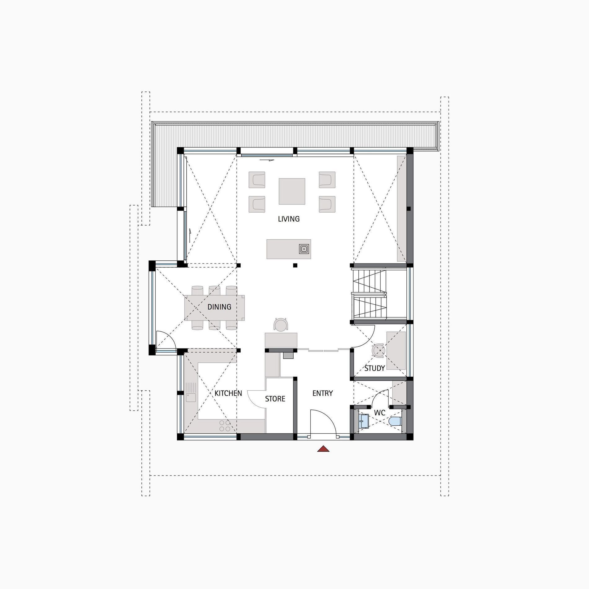 Designhaus in Premiumqualität mit Beletage Grundriss eines modernen Hauses mit Wohnbereich, Küche und Büro