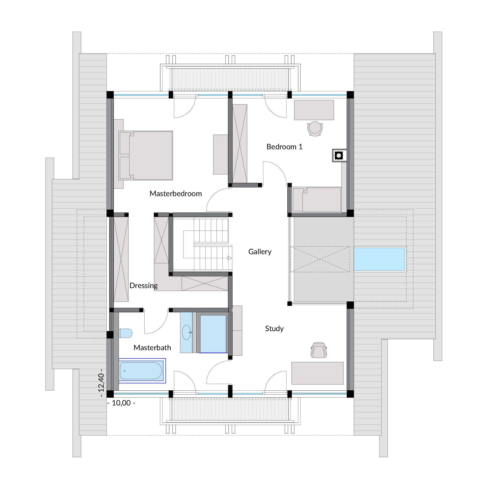 Architektenhaus Grundriss am Wasser HUF Haus Grundriss mit Schlafzimmern und Wohnbereichen