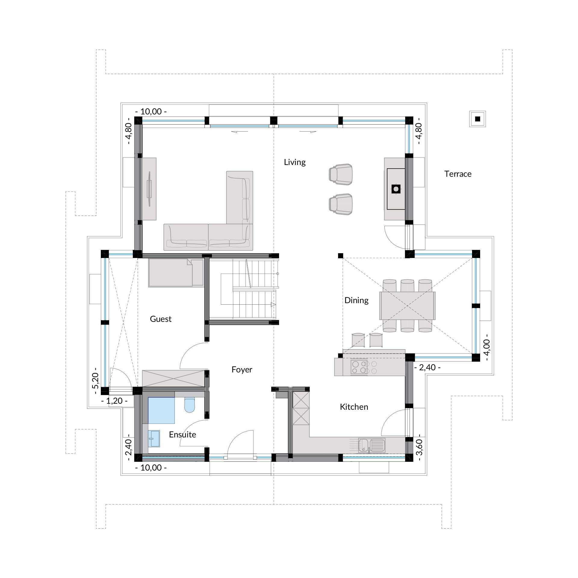 Architektenhaus Grundriss am Wasser Detailierter Grundriss eines HUF Hauses mit Wohnzimmer, Küche und Terrasse