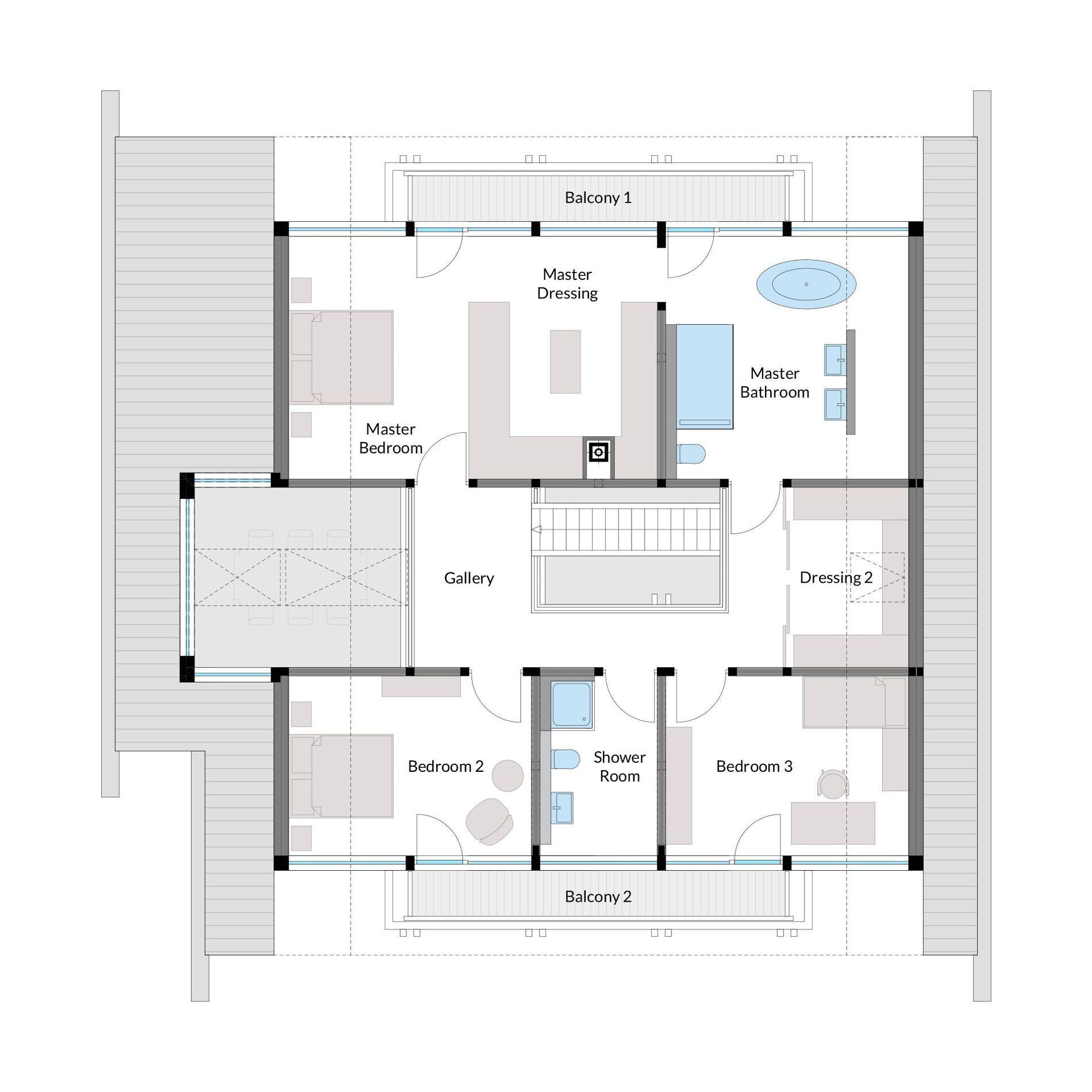 HUF Haus Grundriss – modernes Holz-Glas-Design Detailierter Grundriss eines HUF Hauses mit Schlafzimmern und Badezimmern