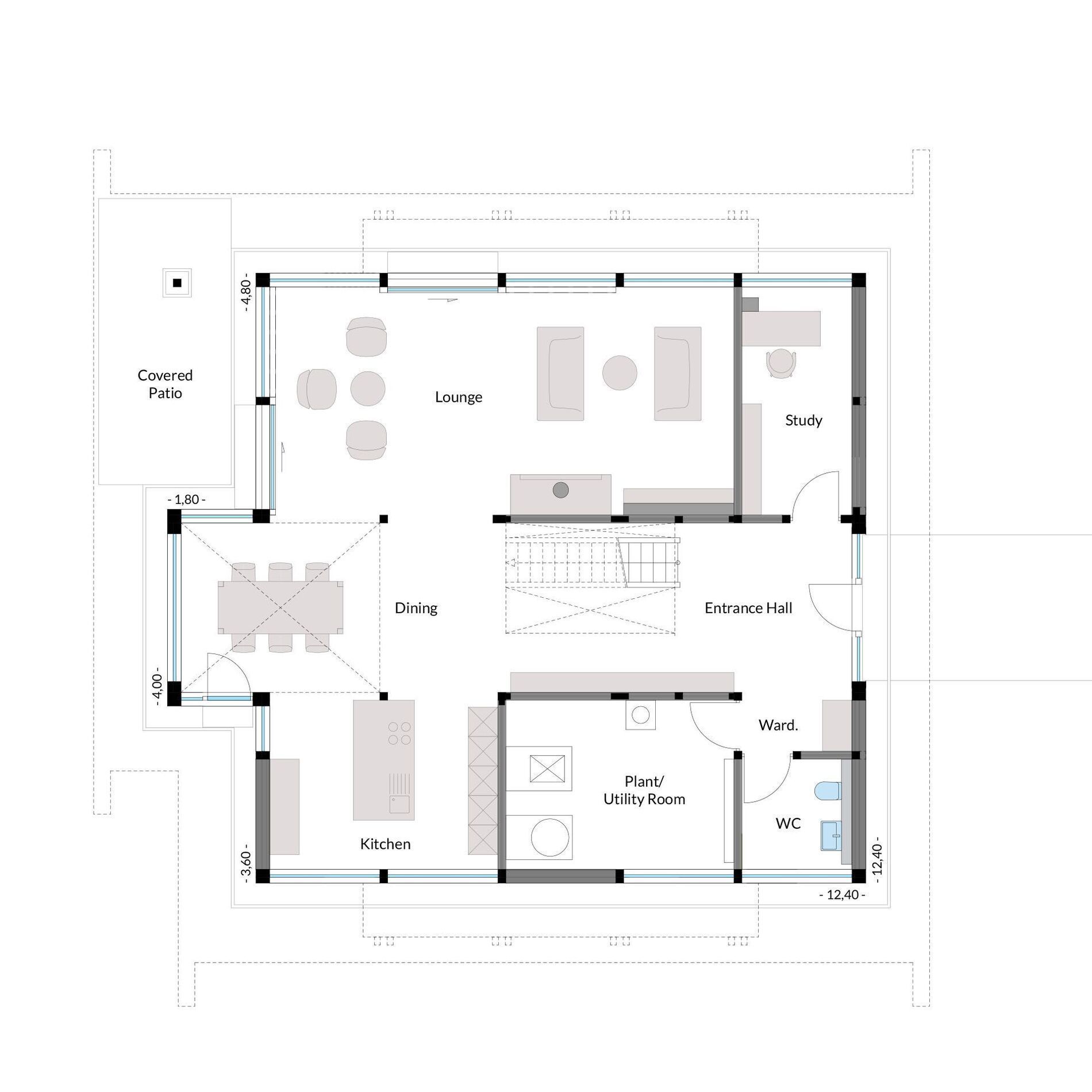 Moderne Holz-Glas-Haus Grundriss Grundriss eines lichtdurchfluteten HUF Hauses mit verschiedenen Wohnbereichen