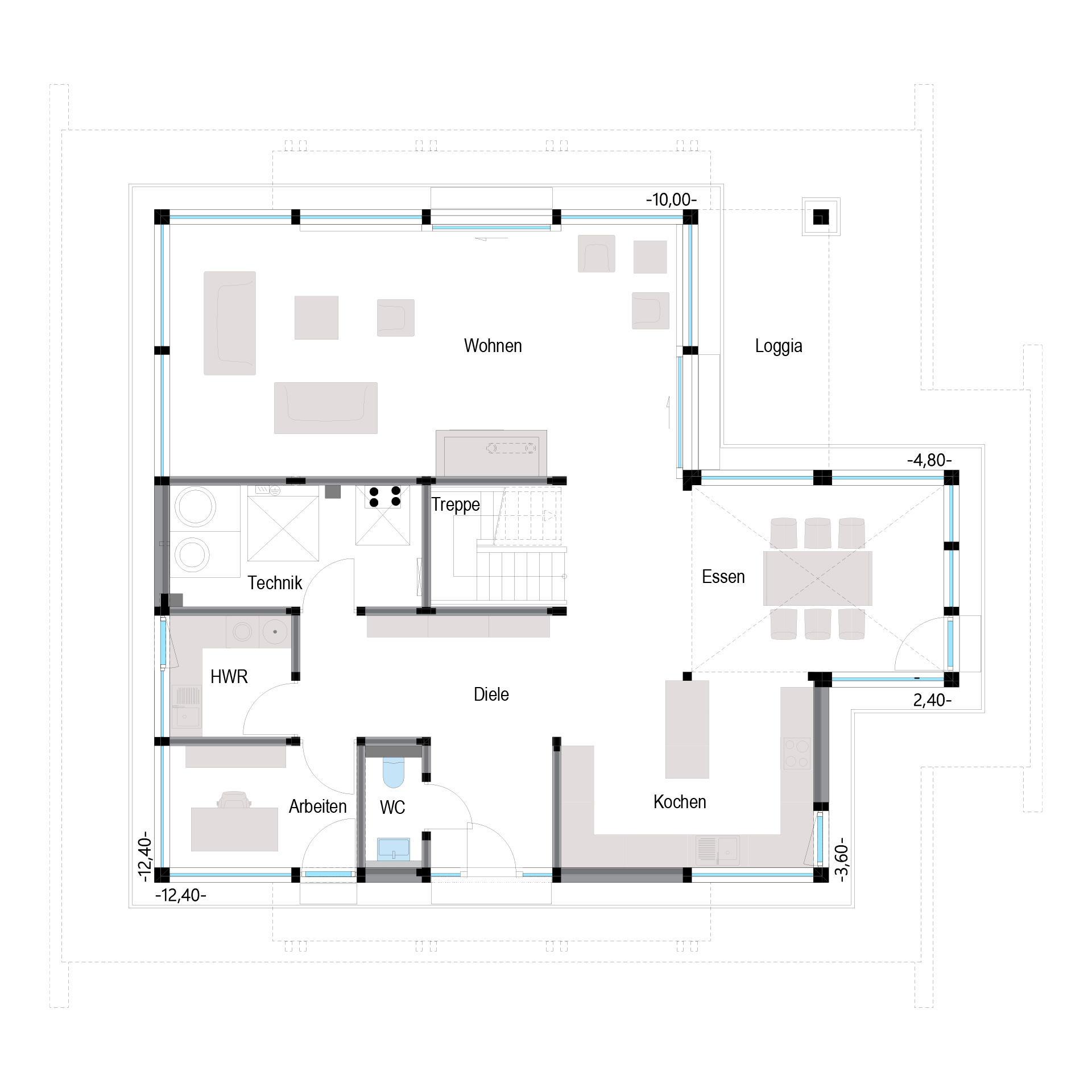 Architektonischer Grundriss mit Wohn- und Essbereich, Küchen und Arbeitszimmer