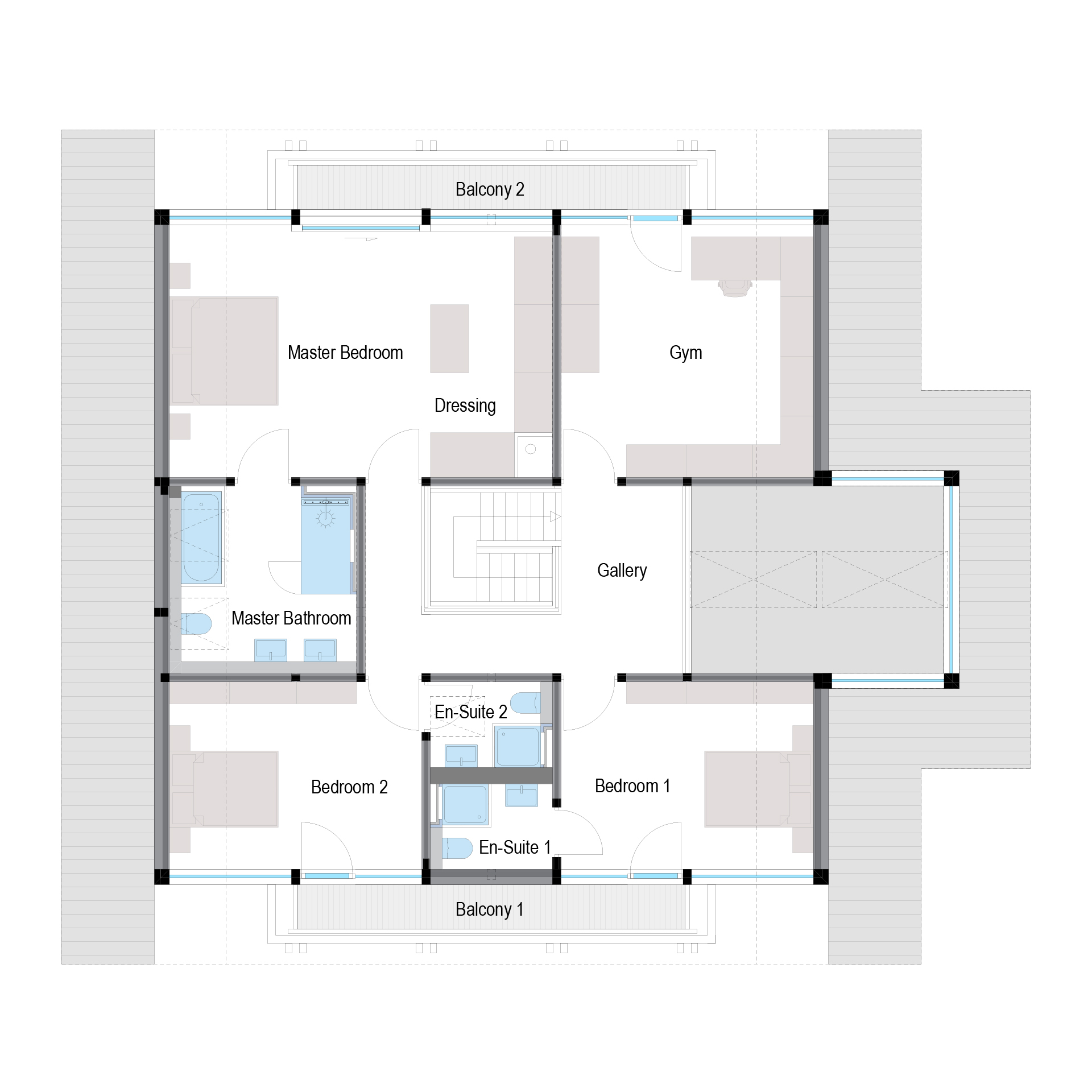 Grundriss eines modernen HUF Hauses Detailierter Grundriss mit Schlafzimmern, Badezimmern und Balkon