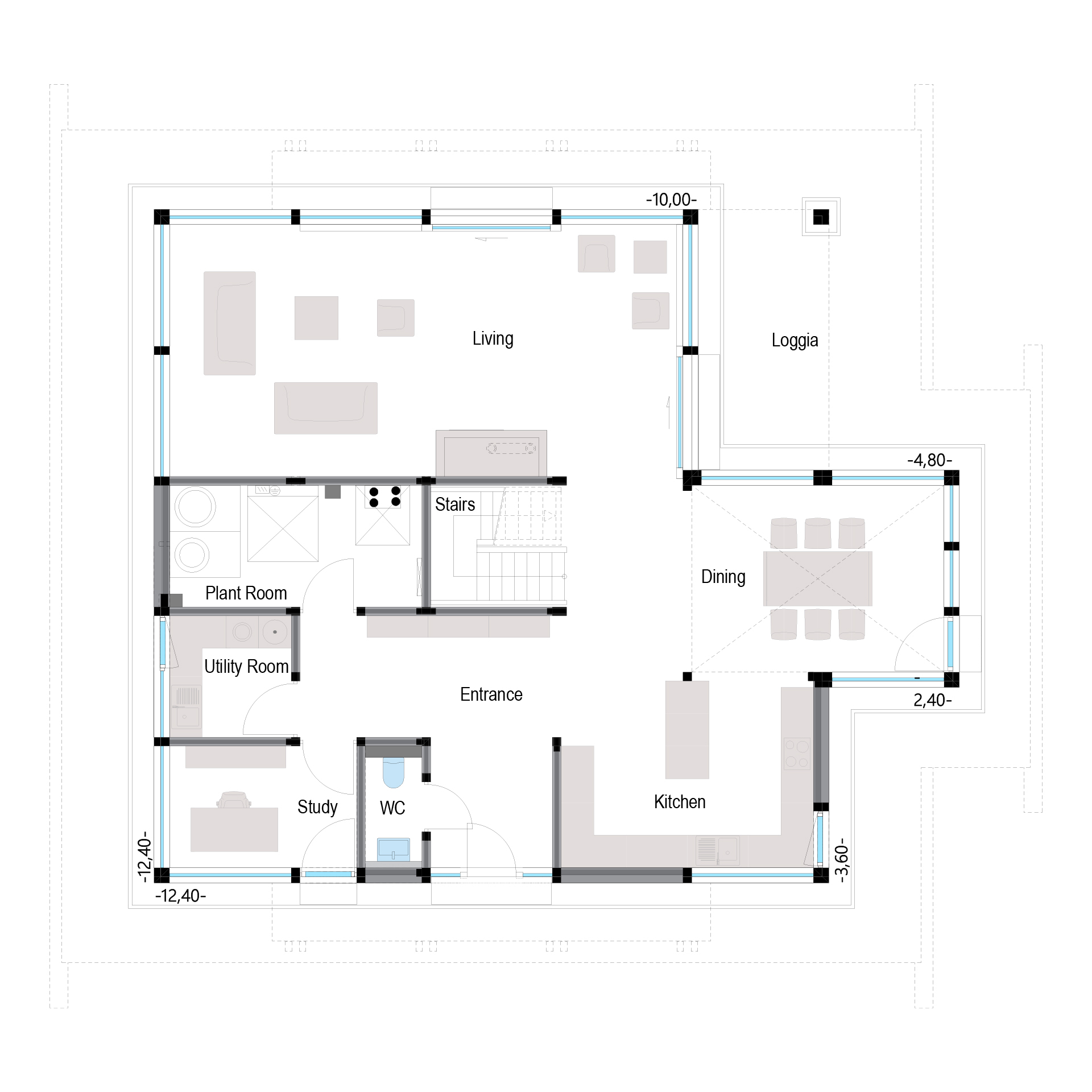 Grundriss eines modernen HUF Hauses Detailierter Grundriss mit Wohn-, Ess- und Küchenbereichen