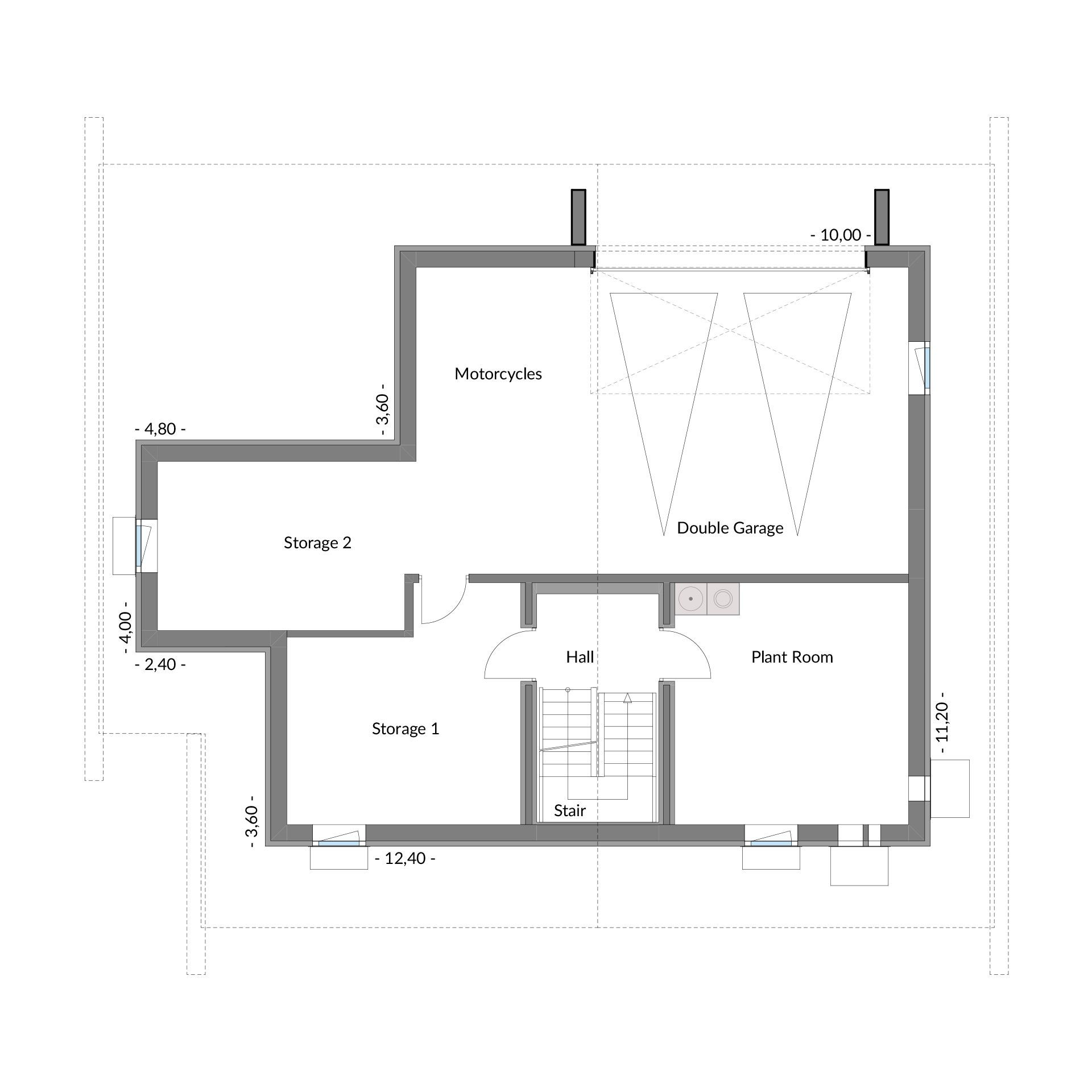 Grundriss eines modernen HUF Hauses Detailierter Grundriss mit Garage, Lagerräumen und Treppenbereich