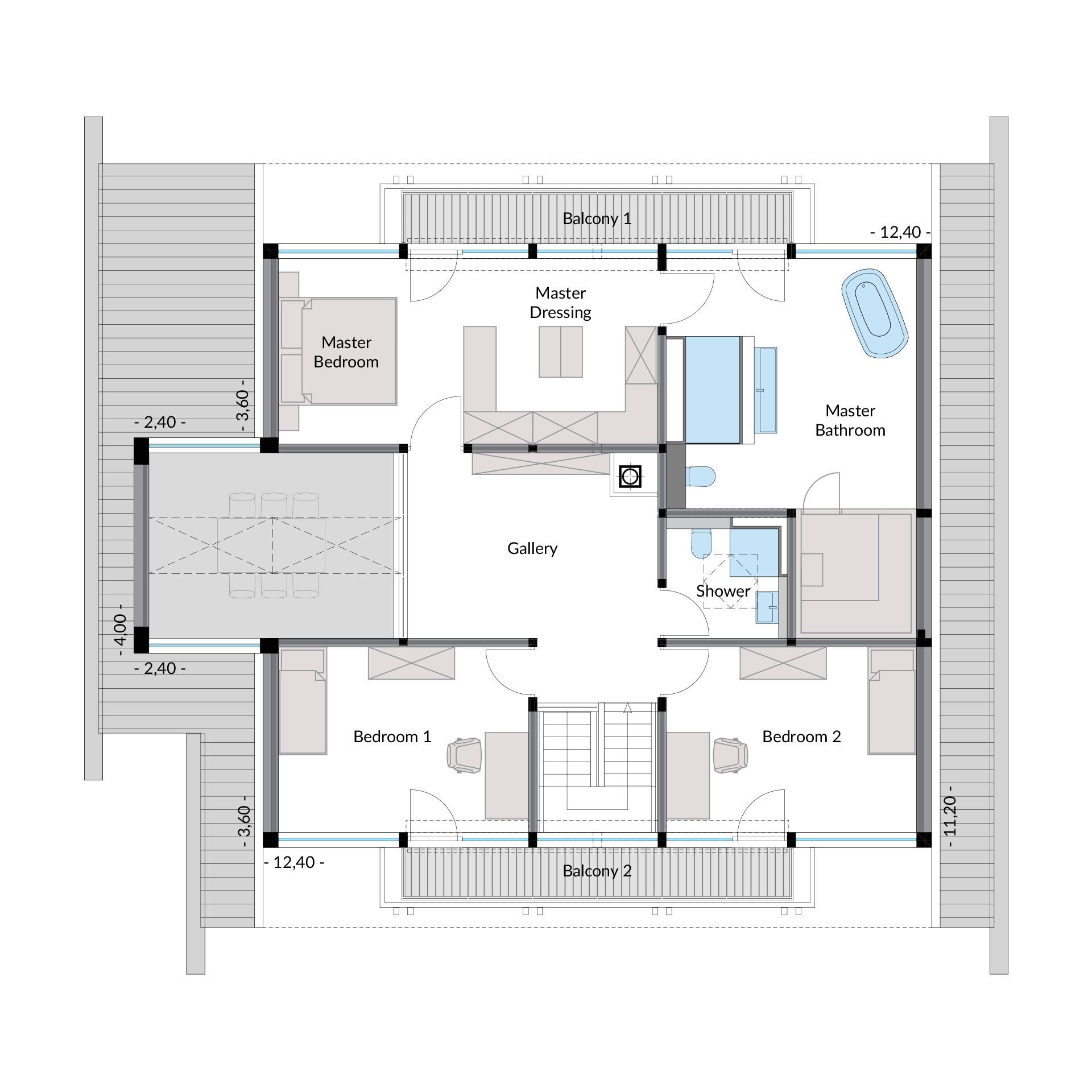 HUF Haus Grundriss mit moderner Architektur Detailierter Grundriss eines modernen Architektenhauses mit Schlafzimmern und Galerie