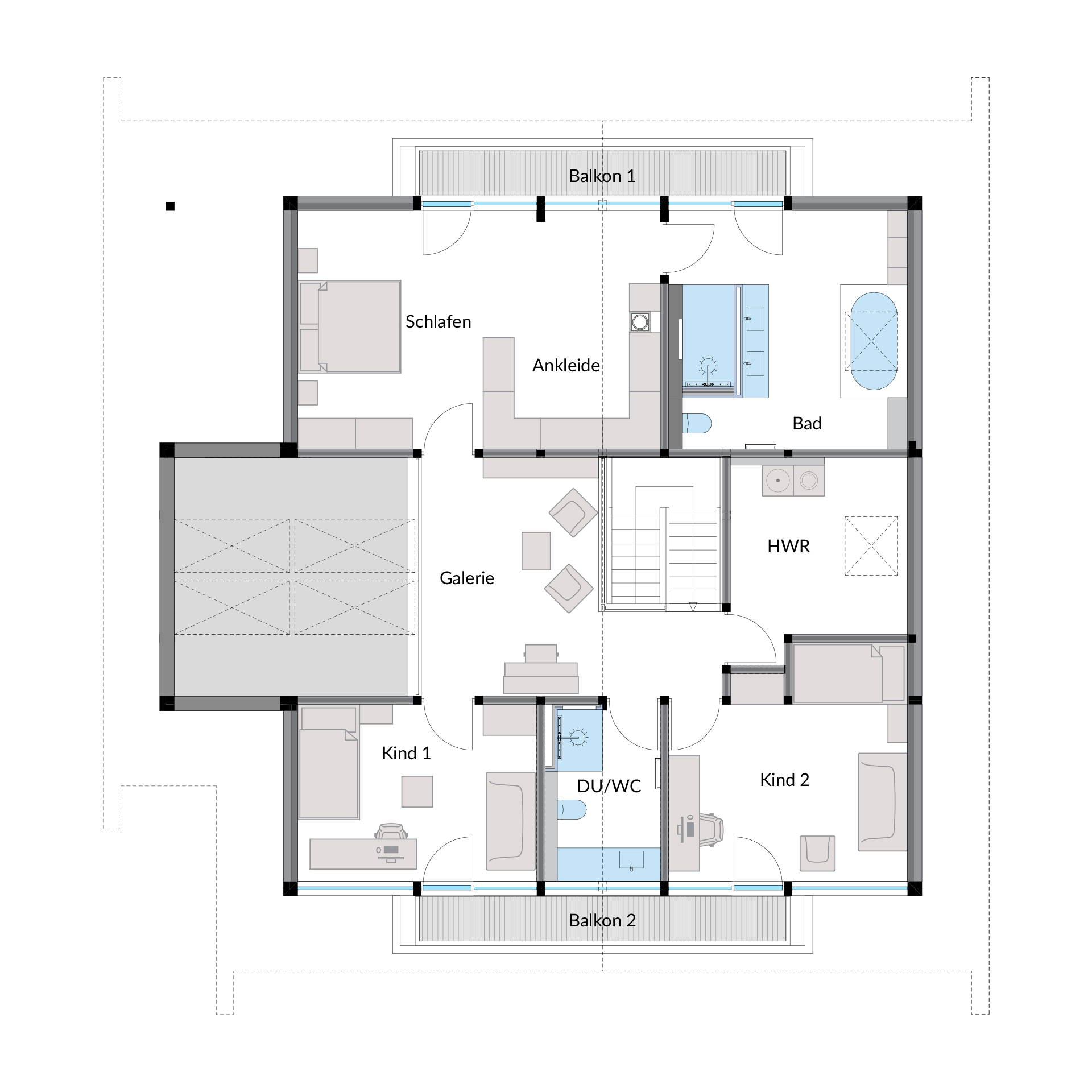 Grundriss eines modernen Architektenhauses mit Balkonen und Zimmeraufteilung