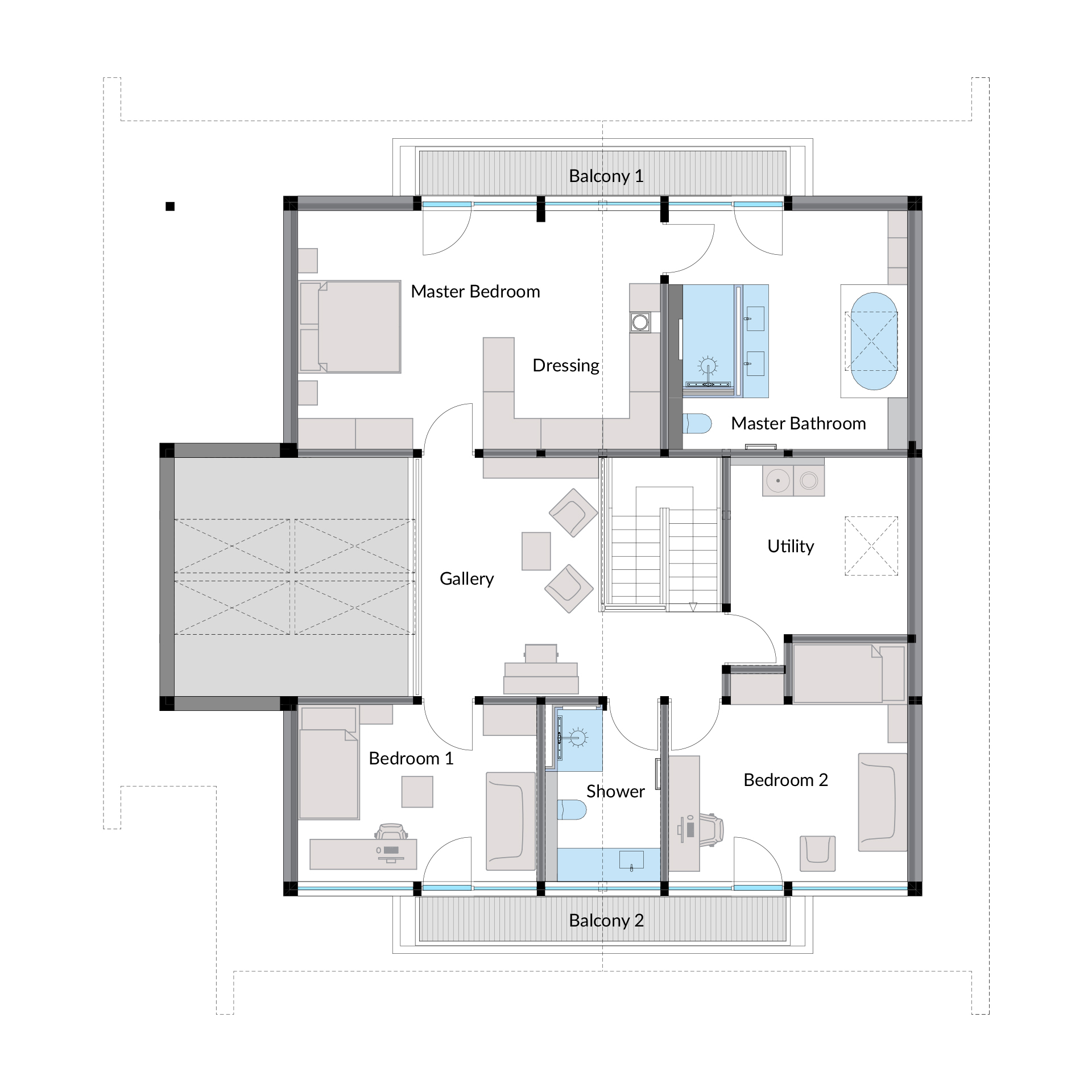 Grundriss eines modernen HUF Hauses mit Zimmeraufteilung und Balconys