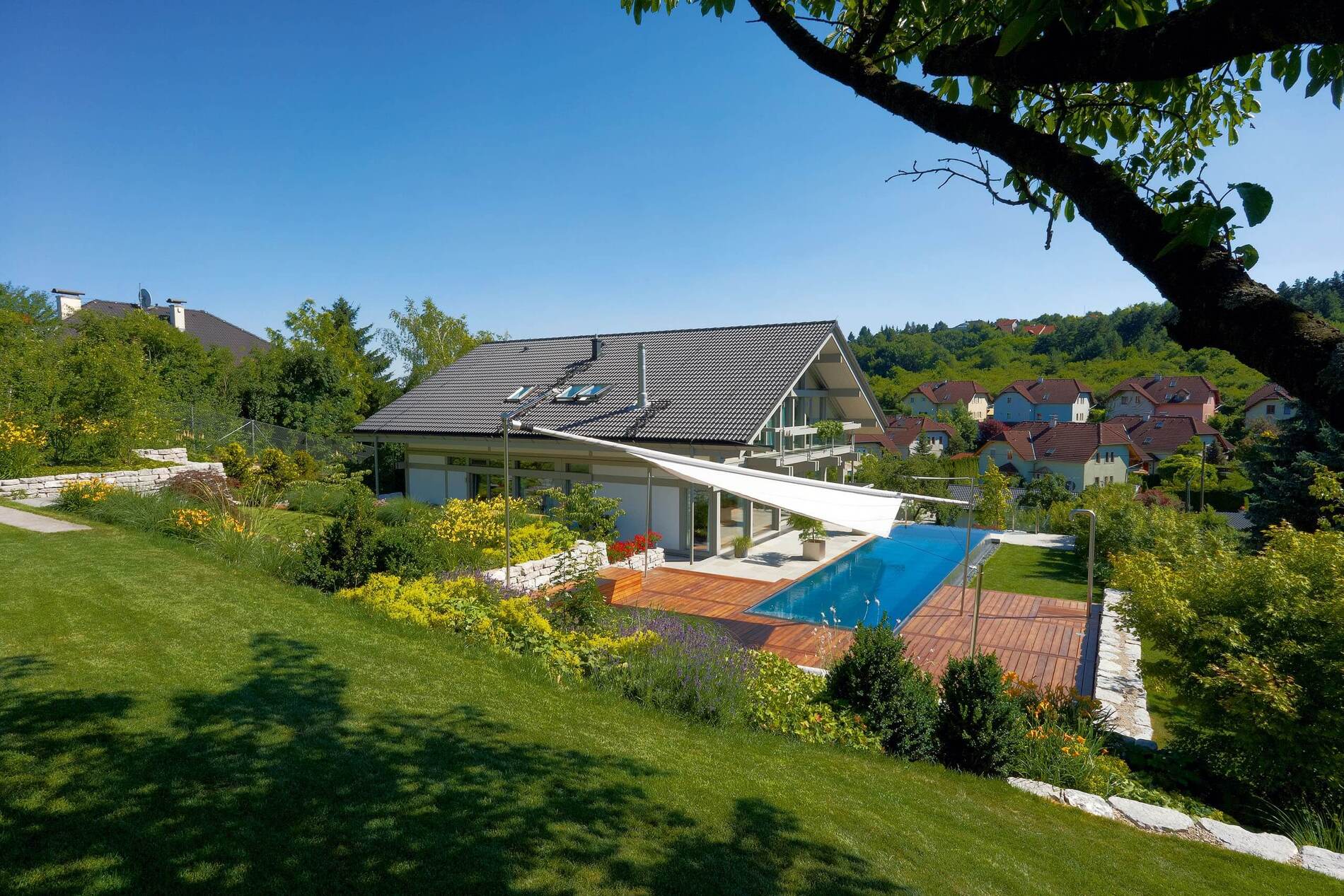 Vielseitiges HUF HAUS mit Glasflächen und Pool in grüner Landschaft