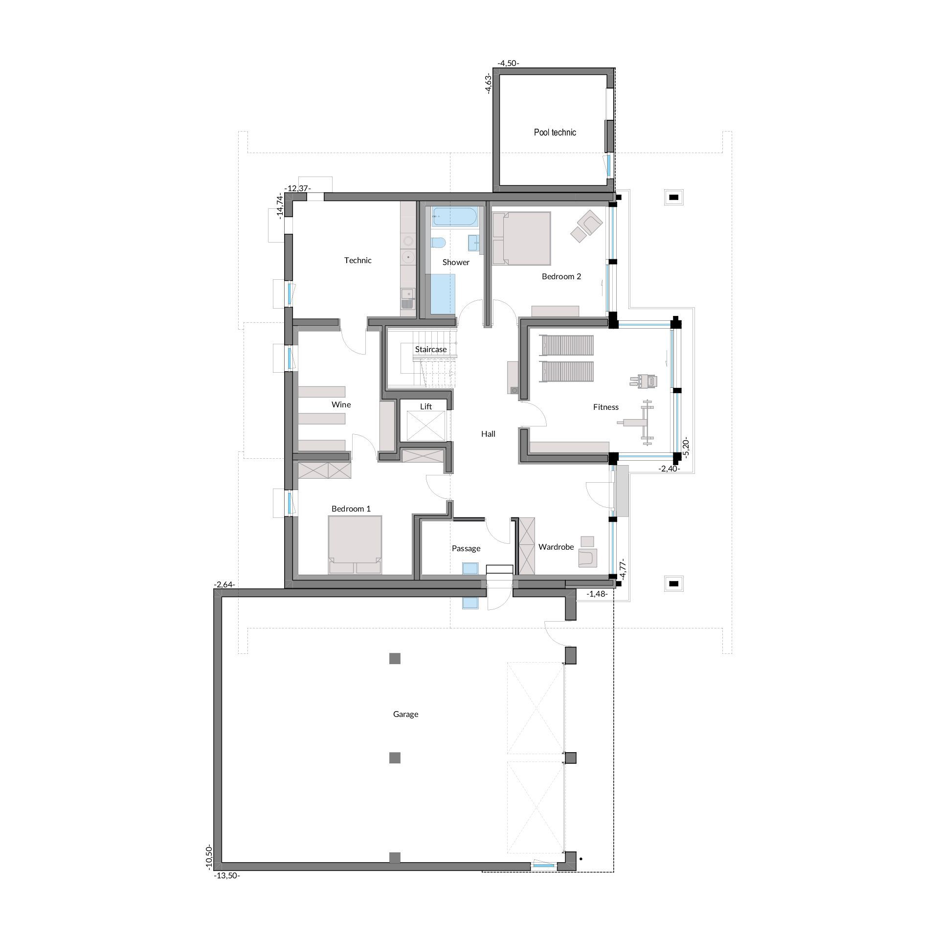 Grundriss eines modernen Designhauses Detailierter Plan eines modernen Wohnhauses mit verschiedenen Räumen und Bereichen