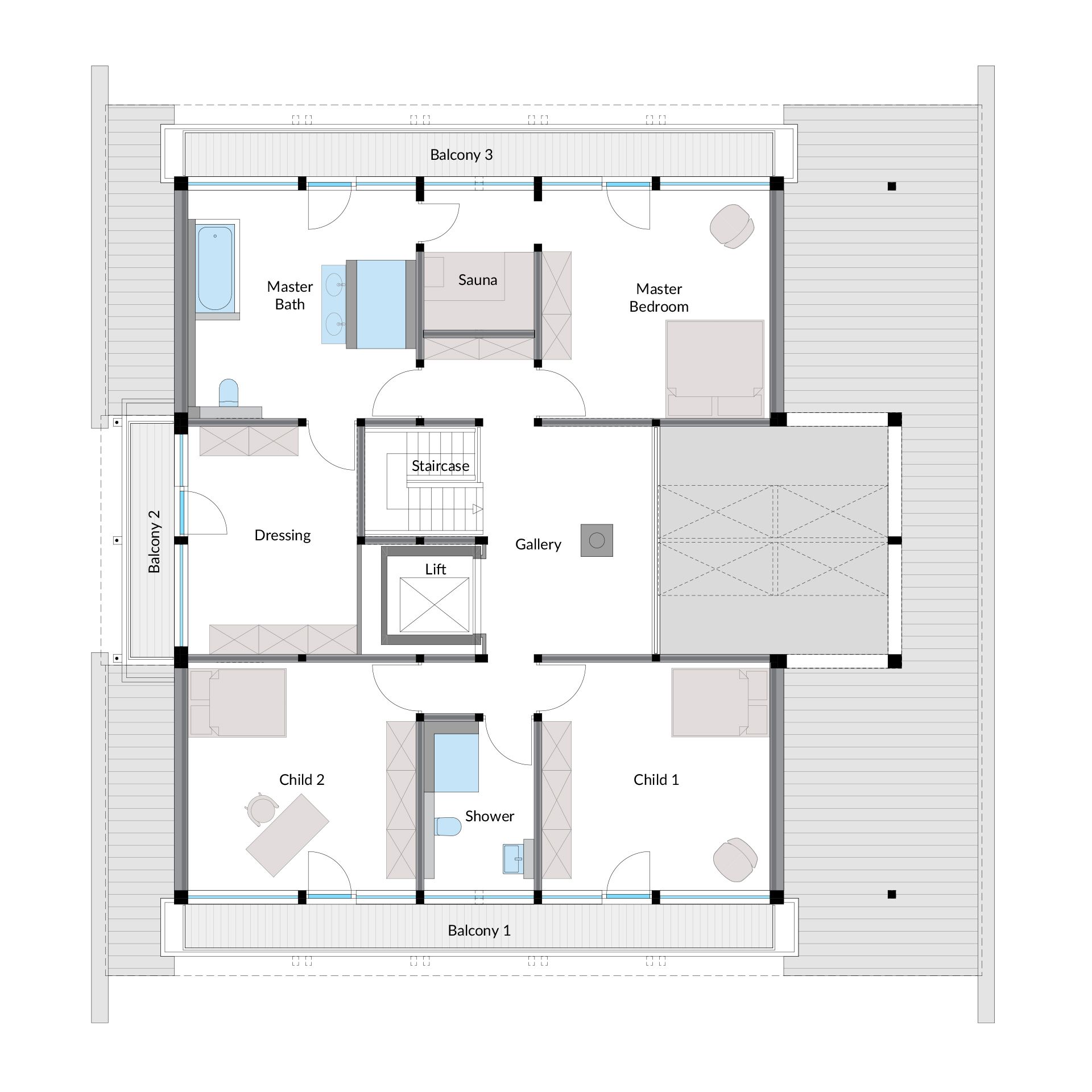Grundriss eines modernen Designhauses Architektonischer Grundriss mit Schlafzimmern, Bädern und Balconys