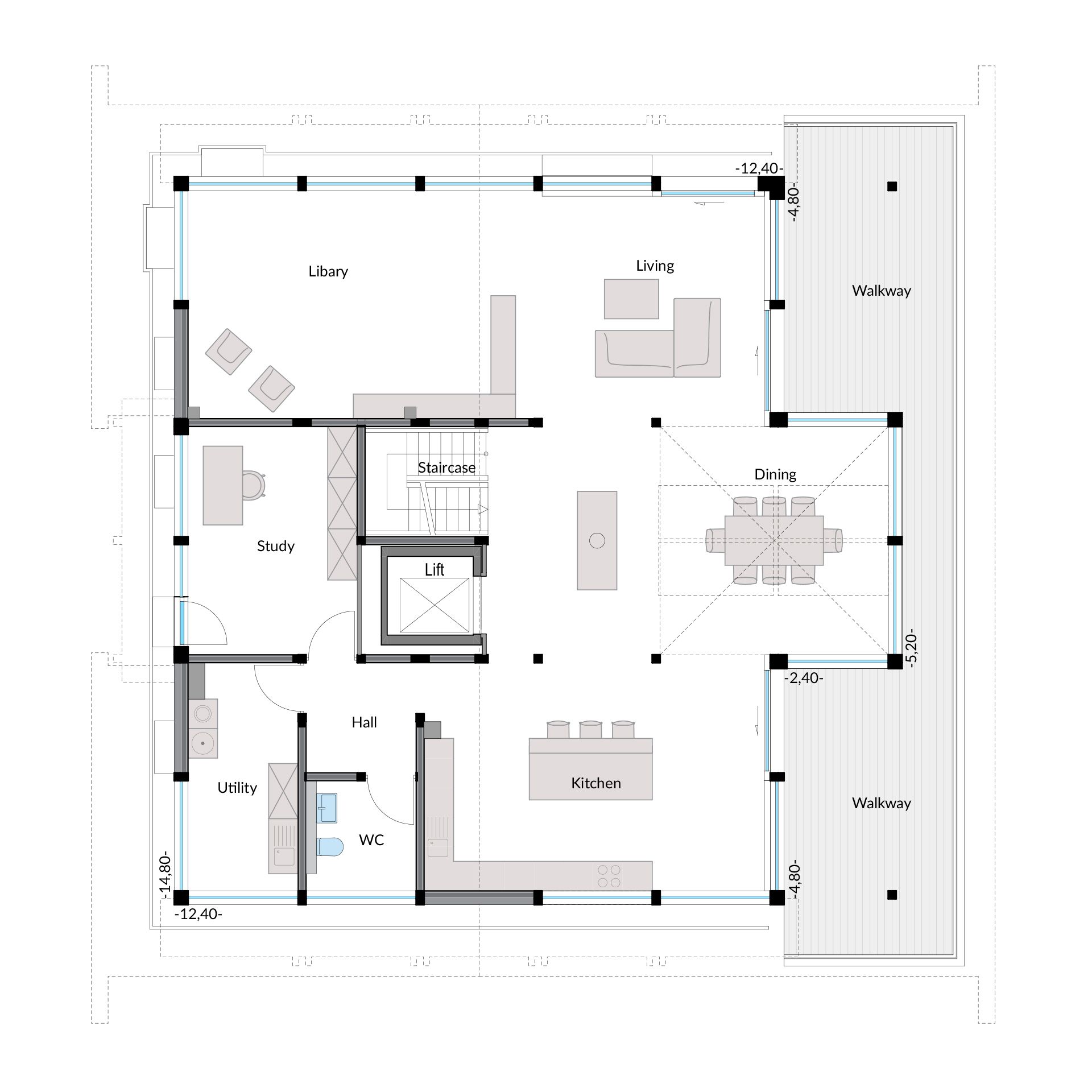 Grundriss eines modernen Designhauses Detailierter Grundriss mit Wohn- und Arbeitsbereichen für ein Designhaus