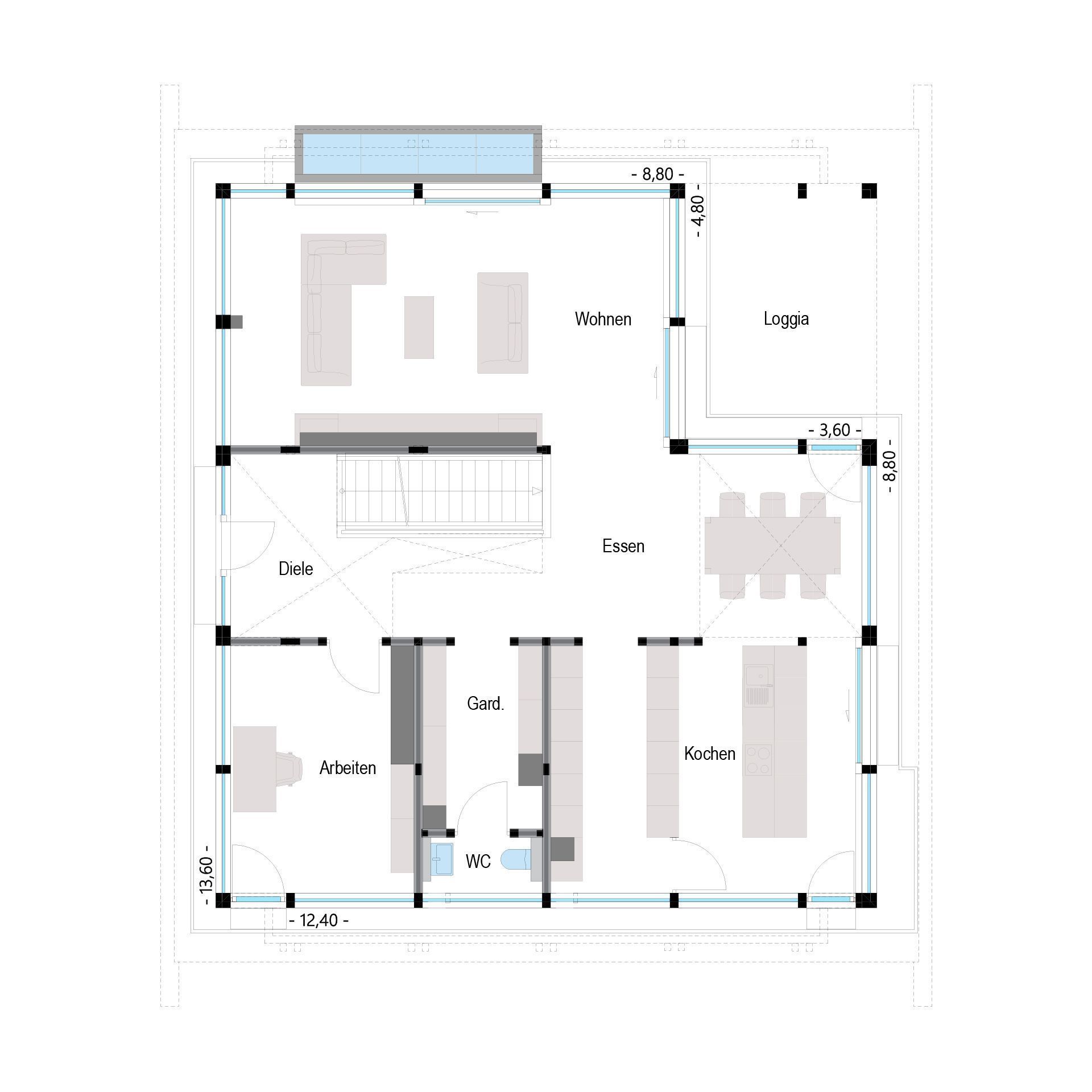Detailierter Grundriss eines modernen HUF Hauses mit Räumen und Loggia