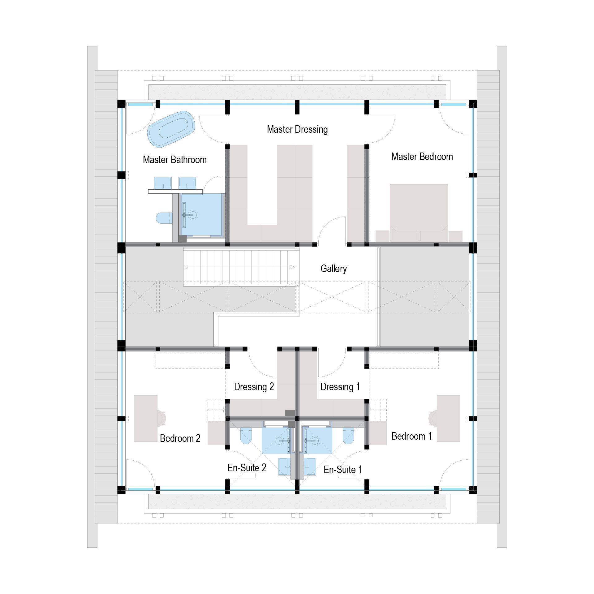 Modernes HUF Haus Grundriss Detaillierter Grundriss eines modernen HUF Hauses mit Schlafzimmern und Bädern