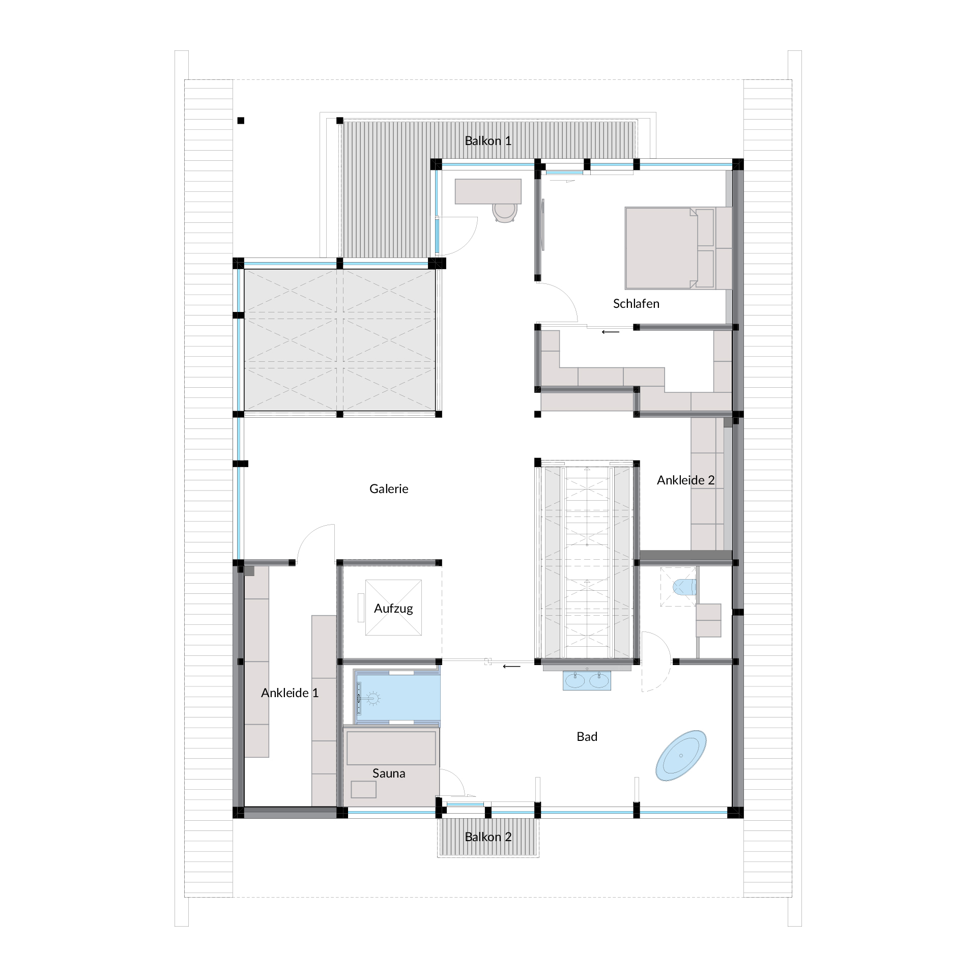 Detaillierter Grundriss mit Schlafzimmer, Sauna und Bad