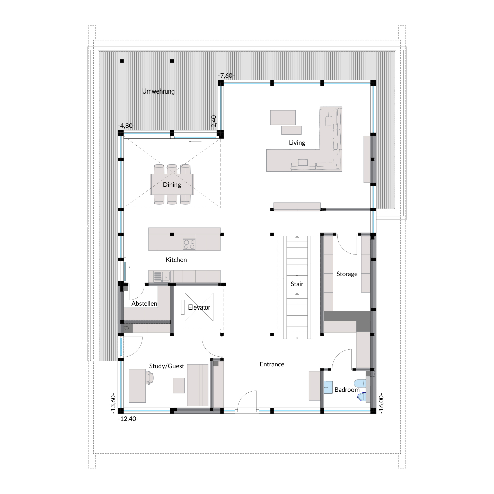 Fachwerkhaus Grundriss mit hoher Qualität Detailierter Grundriss eines Fachwerkhauses mit Zimmeraufteilung