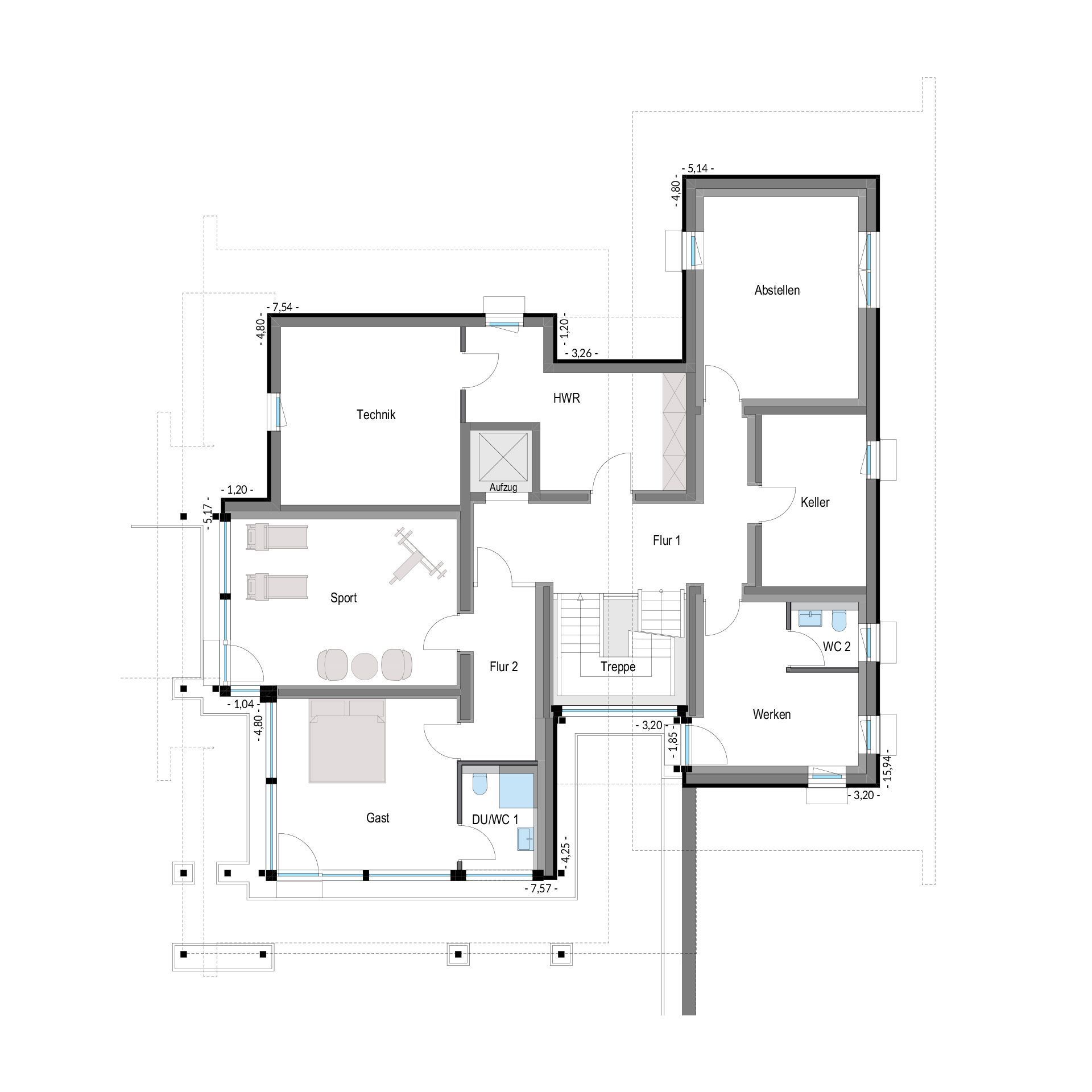 Detailierter Grundriss eines modernen Architektenhauses