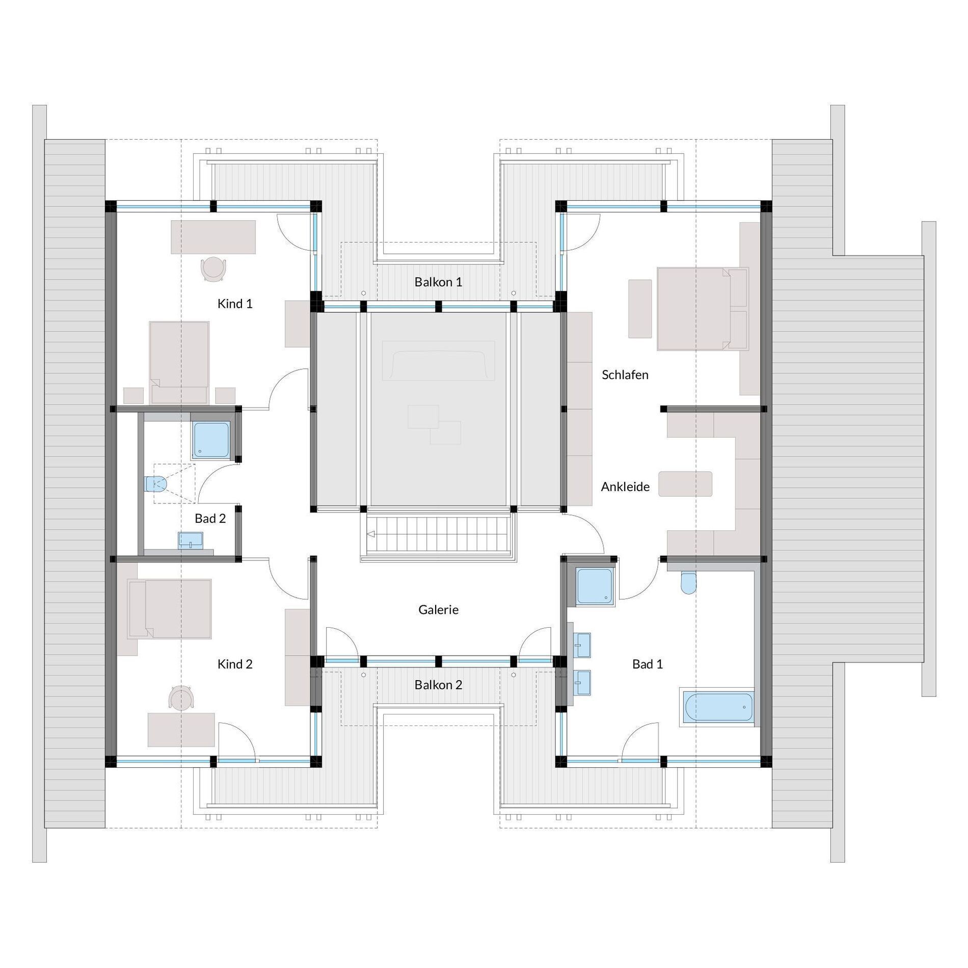 Grundriss eines modernen Hauses mit Balkon und Schlafzimmern