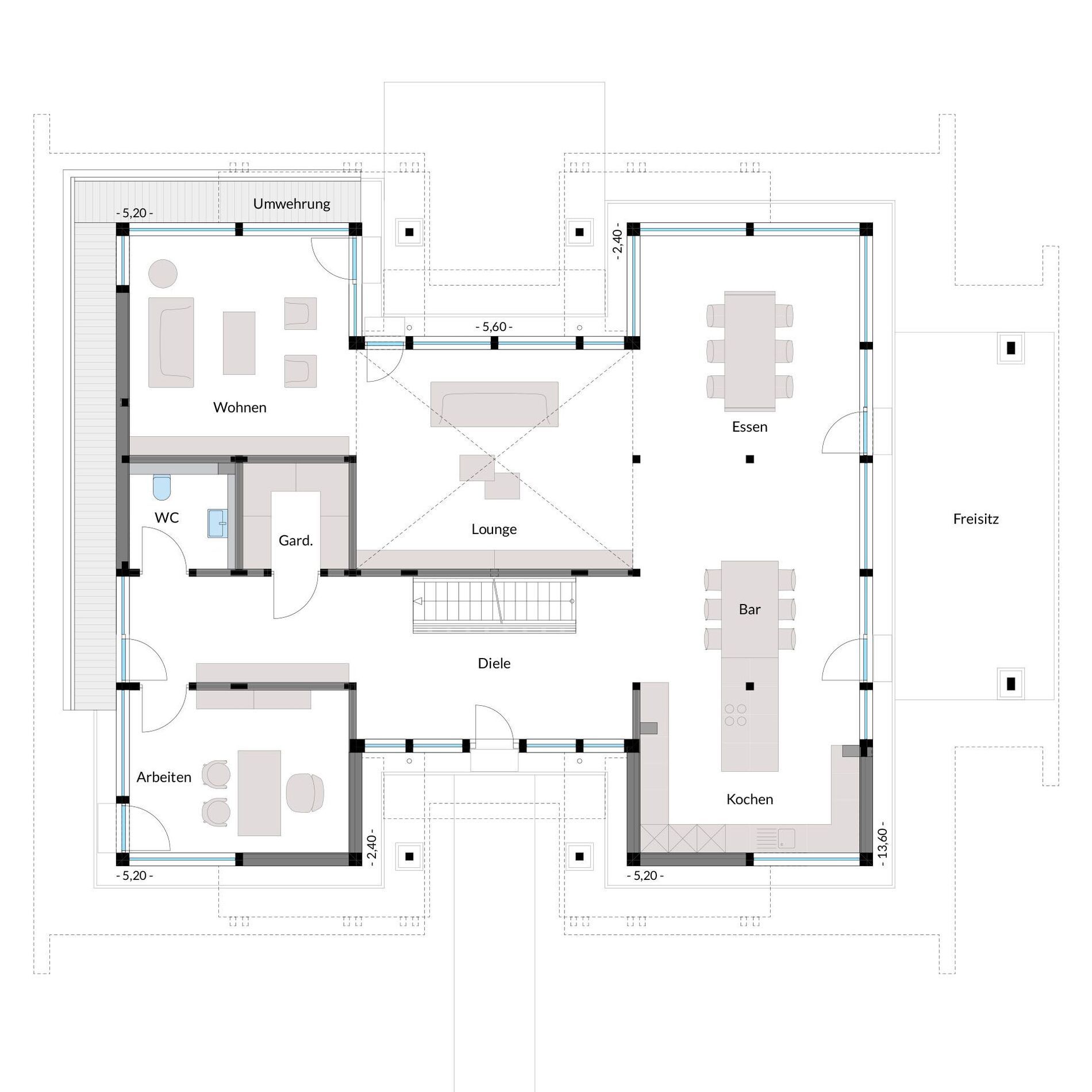 Erdgeschossplan mit Wohnzimmer, Essbereich und offener Küche