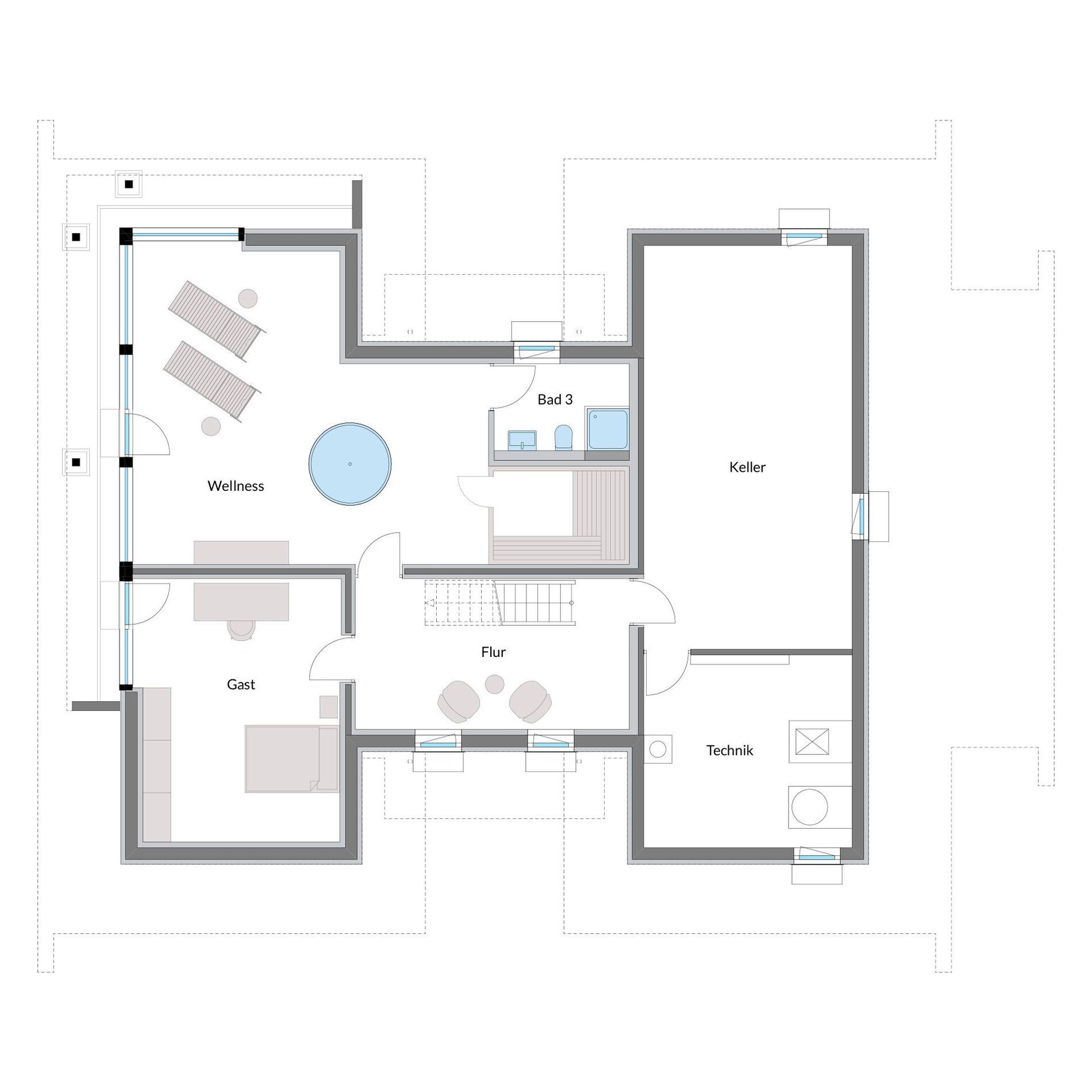 Detailierter Grundriss mit Foyer, Essbereich und Wellnesszone