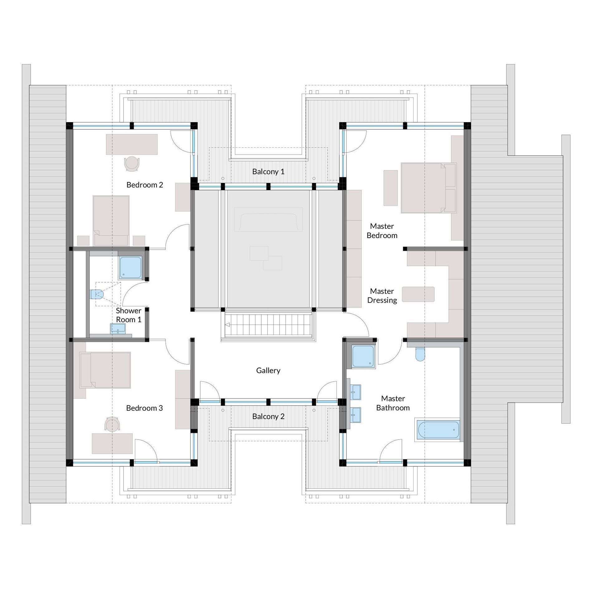 Grundriss mit Schlafzimmern, Bädern und Galerie in einem modernen Design