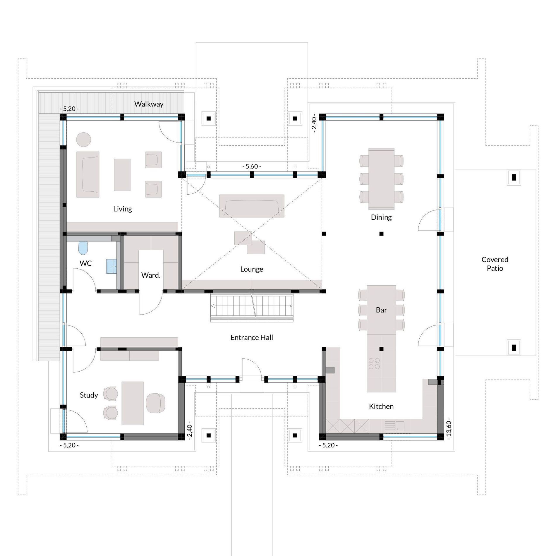 Grundriss mit Essbereich, Wohnzimmer und offener Küche in einem Fachwerkhaus