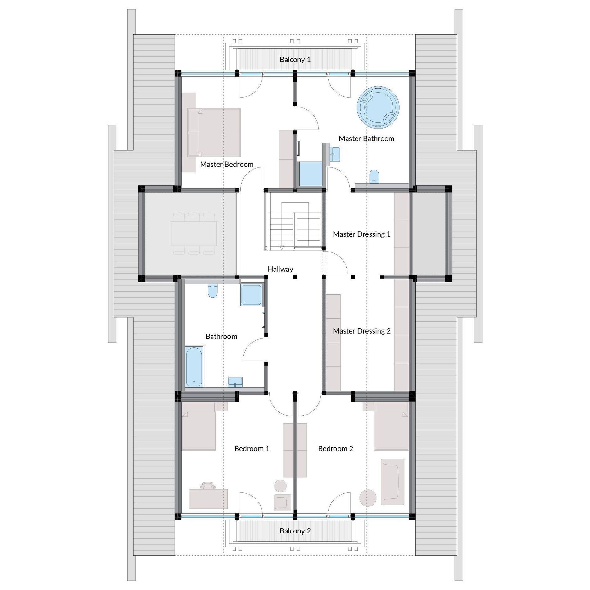 Grundriss eines HUF Hauses mit Anbau und Poolhaus Detaillierter Grundriss mit Schlafzimmern, Bädern und Balkonen