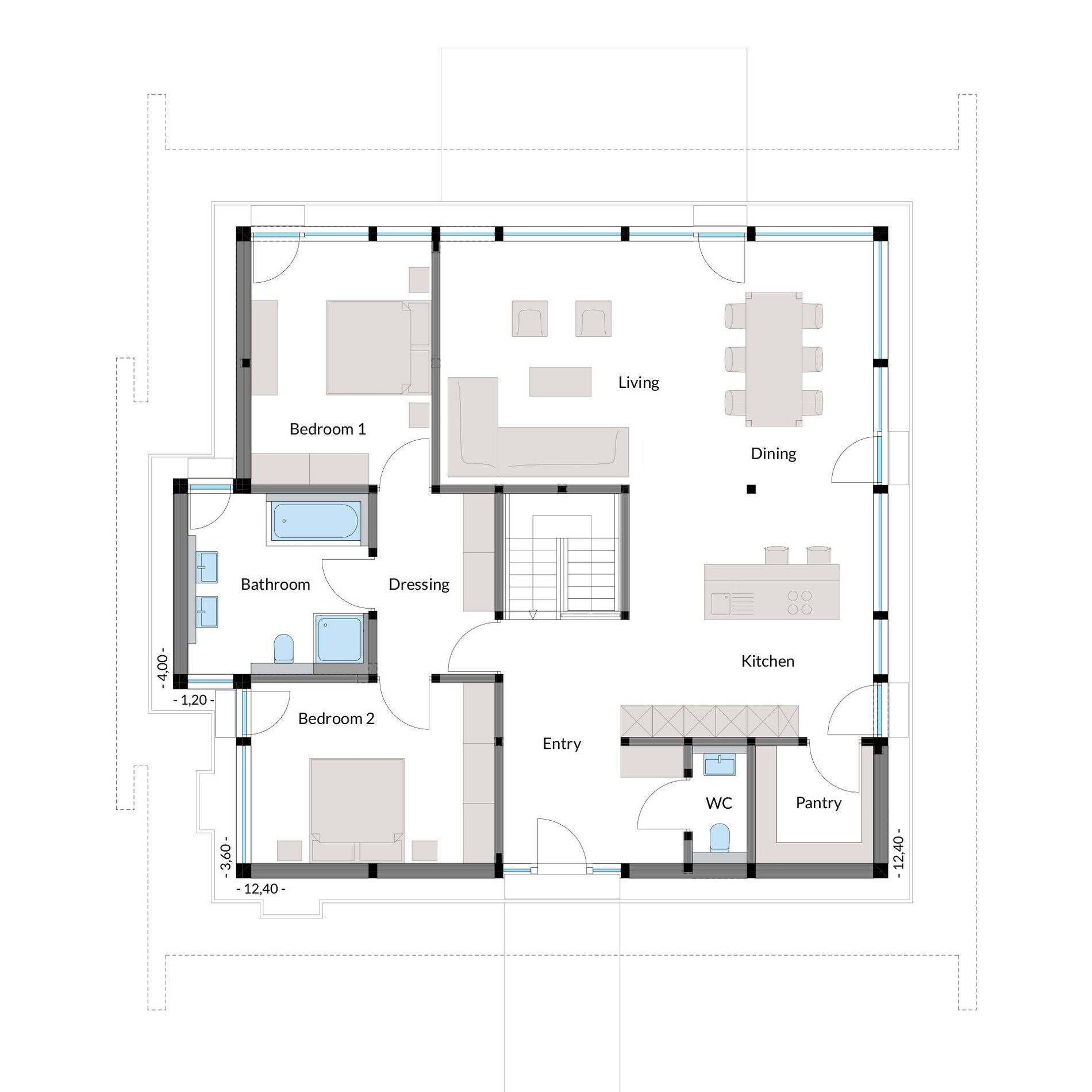 Bungalow-Wohnkonzept von HUF HAUS Stufenloses Wohnkonzept mit Schlafzimmern, Wohnzimmer, Küche und Bad