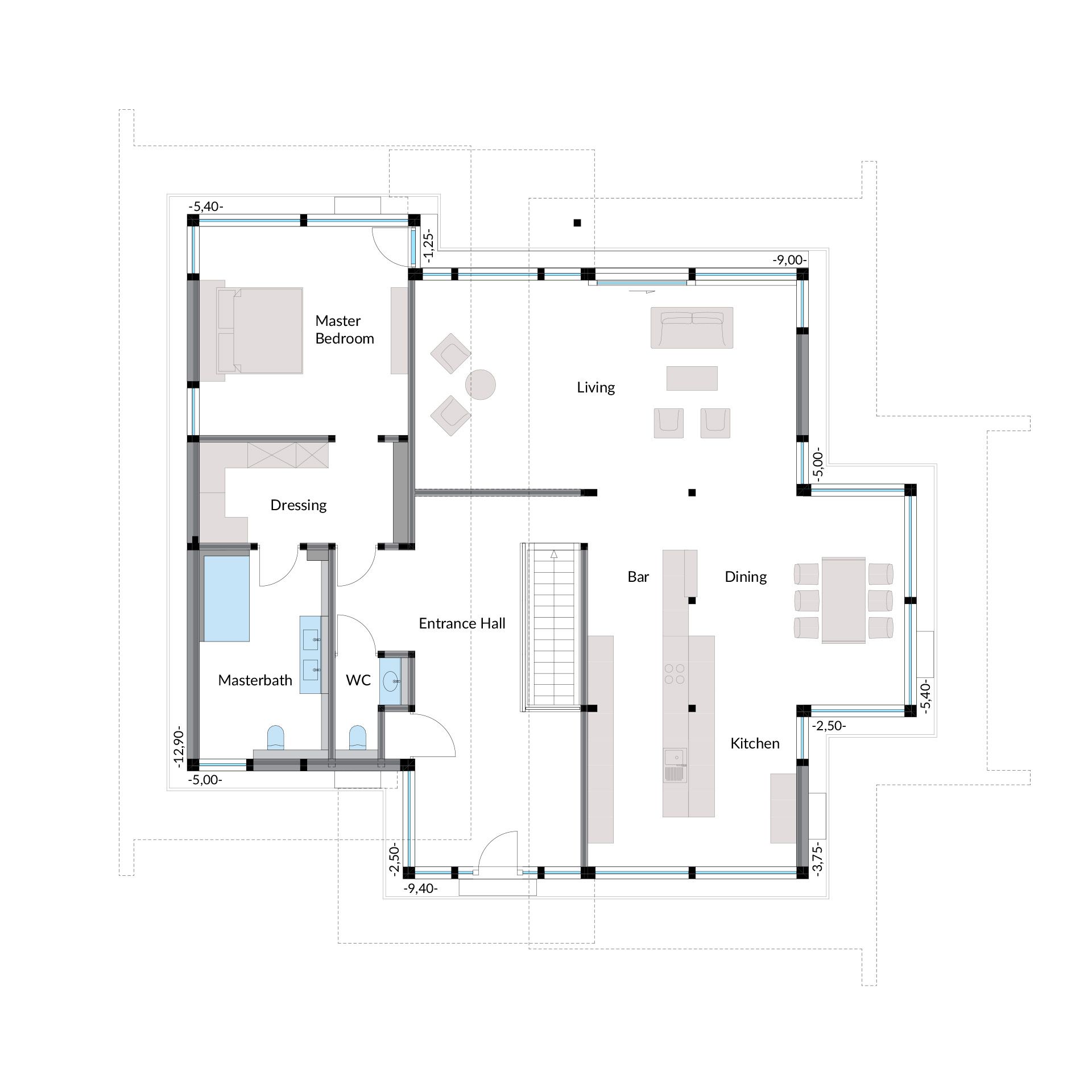 Bungalow-Plan mit organischen Formen und Glasflächen Grundriss eines Bungalows in traumhafter Landschaft mit großen Fensterflächen.