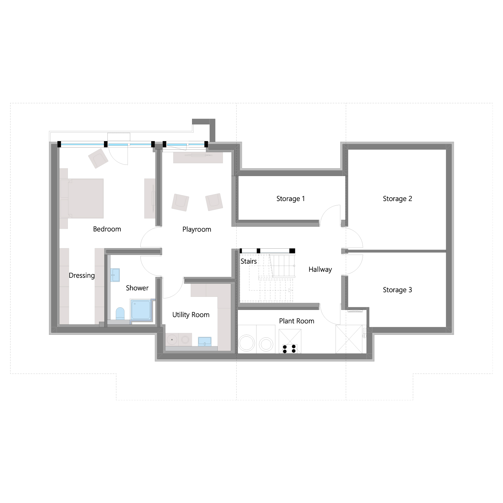 Moderne HUF Bungalow Grundriss Grundriss eines modernen Bungalows mit mehreren Zimmern und Stauraum
