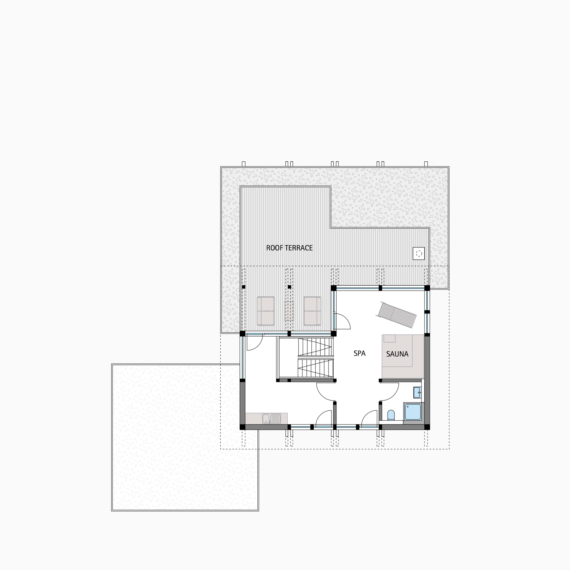 Übersicht des Grundrisses mit Spa, Sauna und Dachterrasse