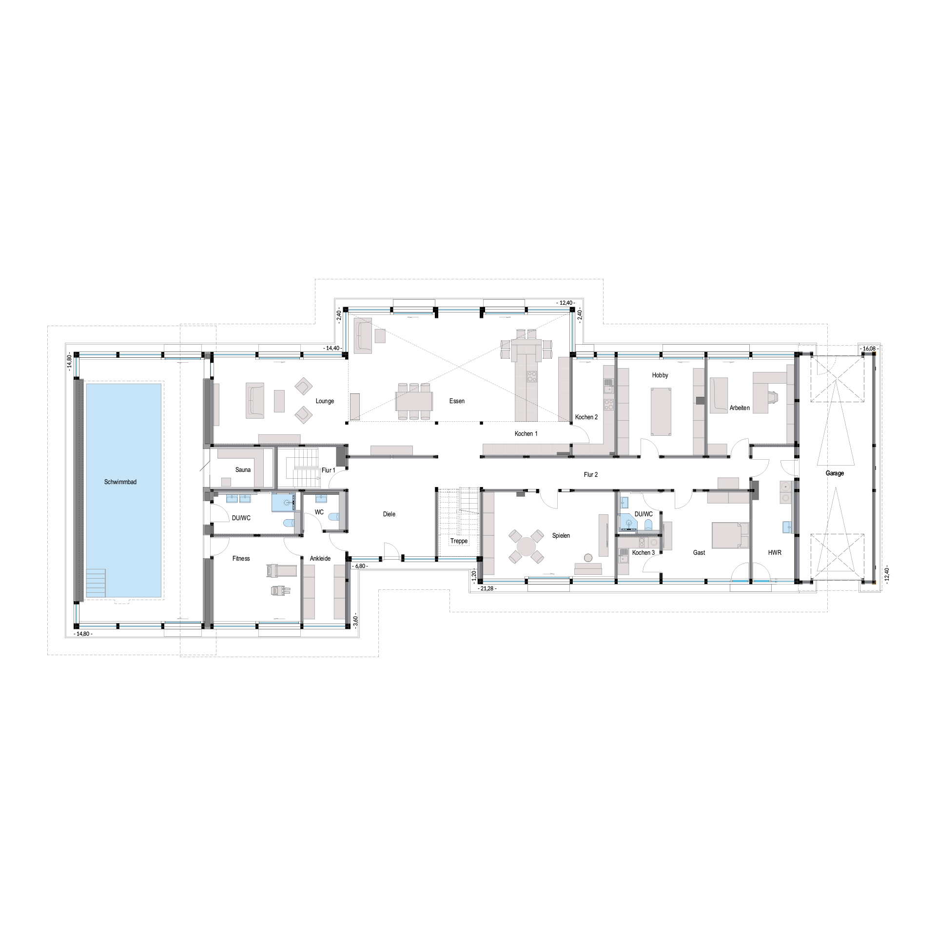 HUF Architektenhaus mit Flachdach und Pool Floorplan einer modernen weißen Villa mit Pool und Garage