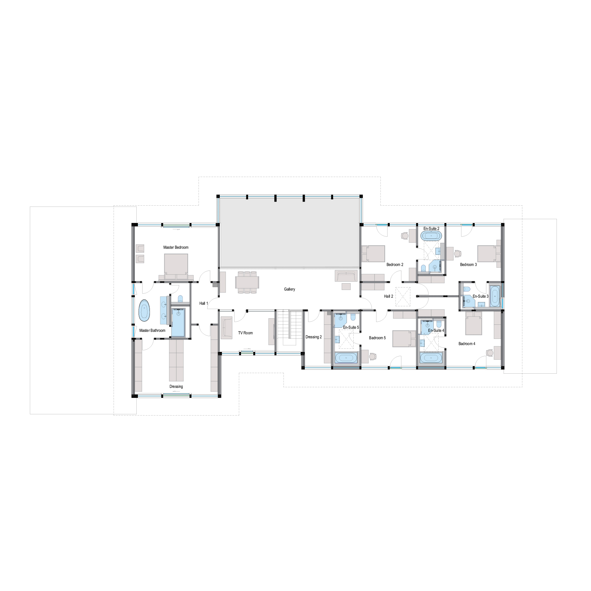 HUF Architektenhaus Flachdach, moderne Villa Grundriss einer weißen Villa mit Flachdach und Wohnbereichen